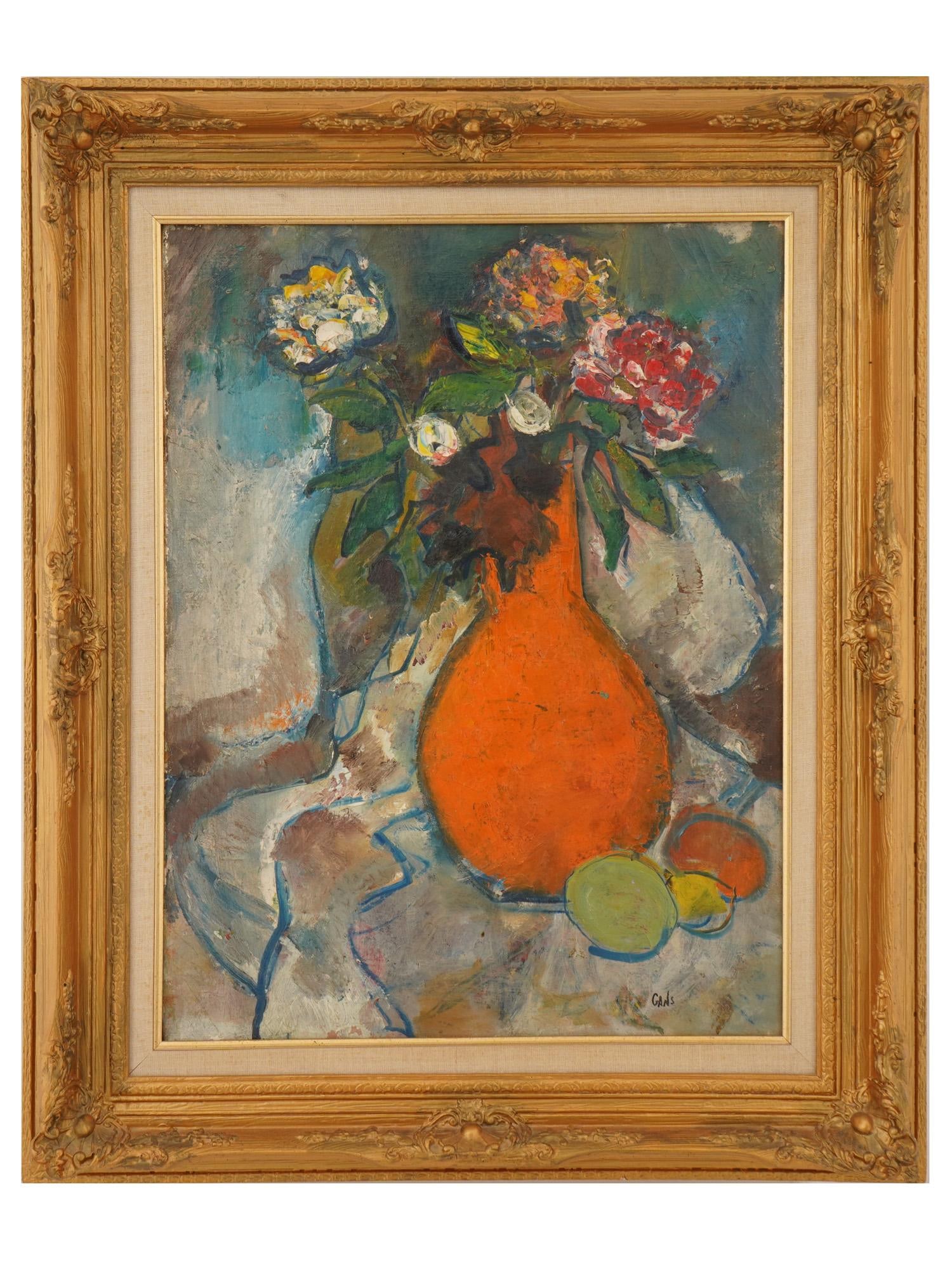 VINTAGE STILL LIFE OIL PAINTING SIGNED GANS: Oil painting on canvas. Still life with a flower vase and fruit. Impressionist pictorial manner. Signed lower right, Gans. Dated mid to late 20th century. Framed. Collectible Fine Art, Wall Decor, Fig
