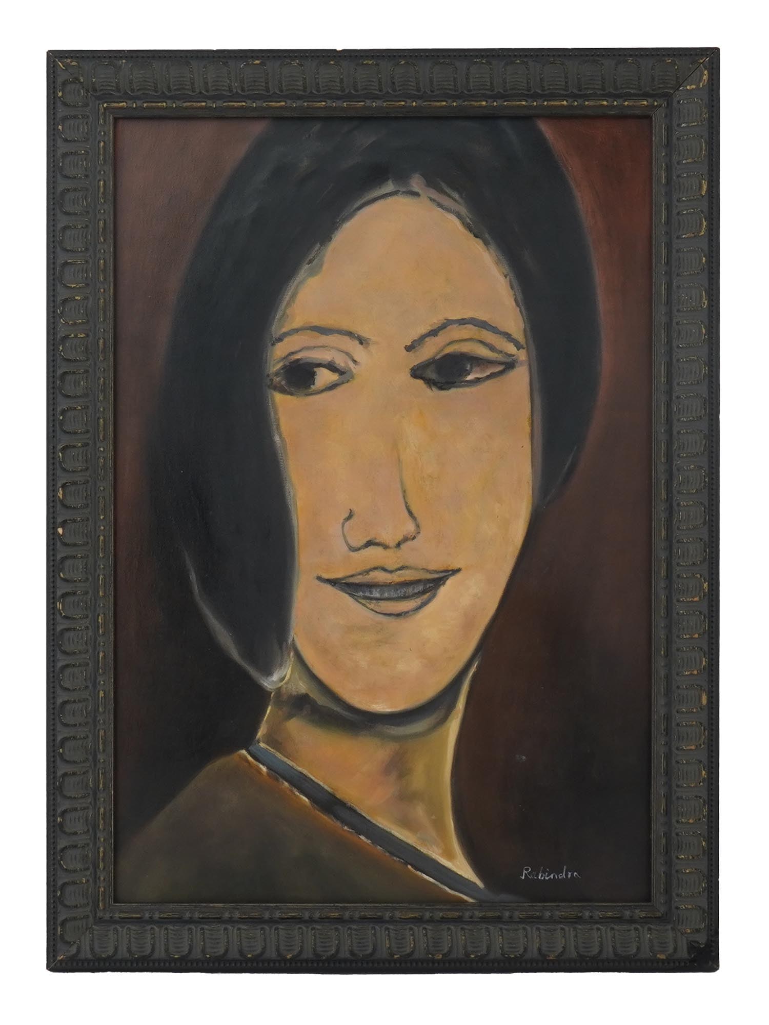 INDIAN SCHOOL FEMALE PORTRAIT OIL PAINTING SIGNED: An Indian School oil painting on canvas depicting a portrait of a woman. Signed by the artist, Rabindra, lower right. Framed. Modernist and Contemporary Fine Art, Indian School Portrait Paintings, and