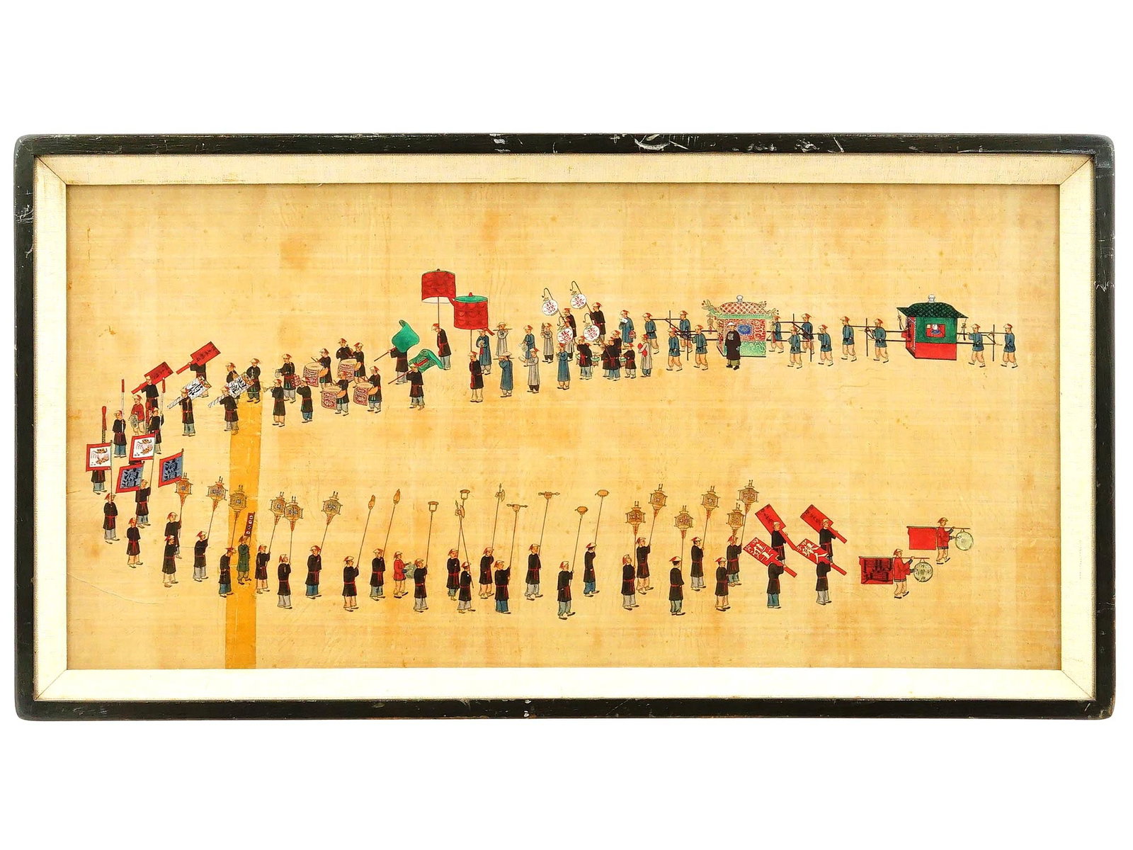 ZHOU PEICHUN MANNER CHINESE WATERCOLOR PAINTING: An antique Chinese watercolor painting on silk depicting a Royal Processions in Beijing in the manner of Zhou Peichun, Late Qing dynasty, active circa 1880 and 1910. Unsigned. Framed. At the beginning