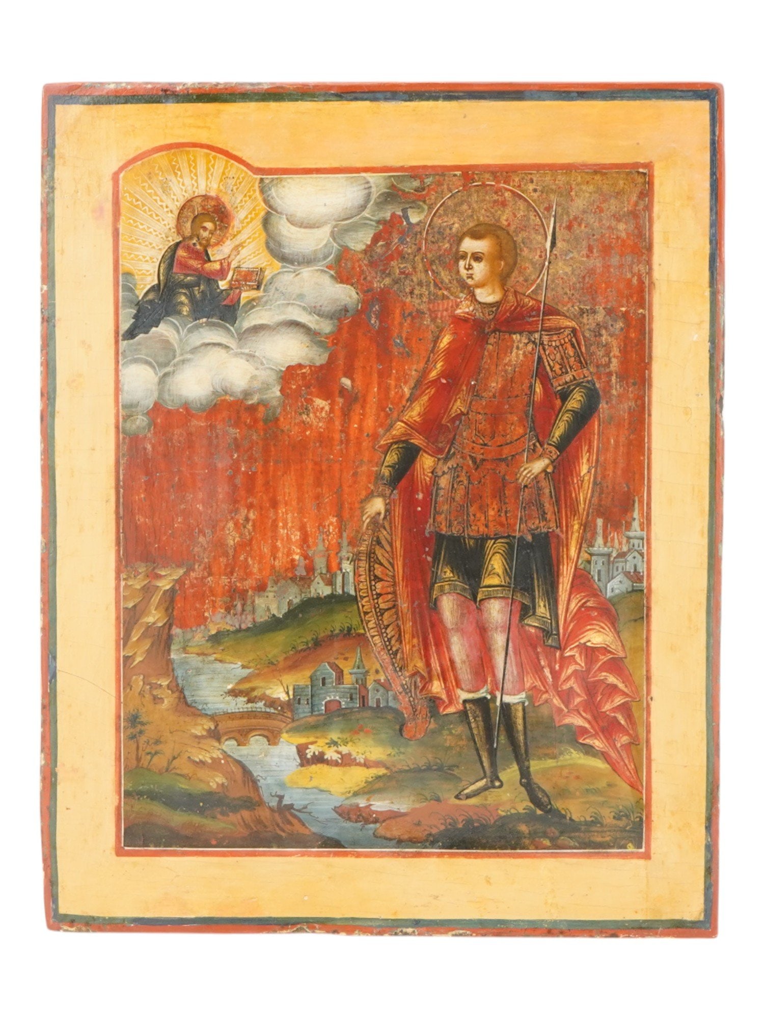 ANTIQUE 19TH C RUSSIAN ICON OF SAINT GEORGE: An antique 19th-century Russian Orthodox icon representing Saint George in landscape scenery, beign blessed by Jesus Christ from Heaven. Mixed media painting: egg tempera, gesso, and levkas on a wood 