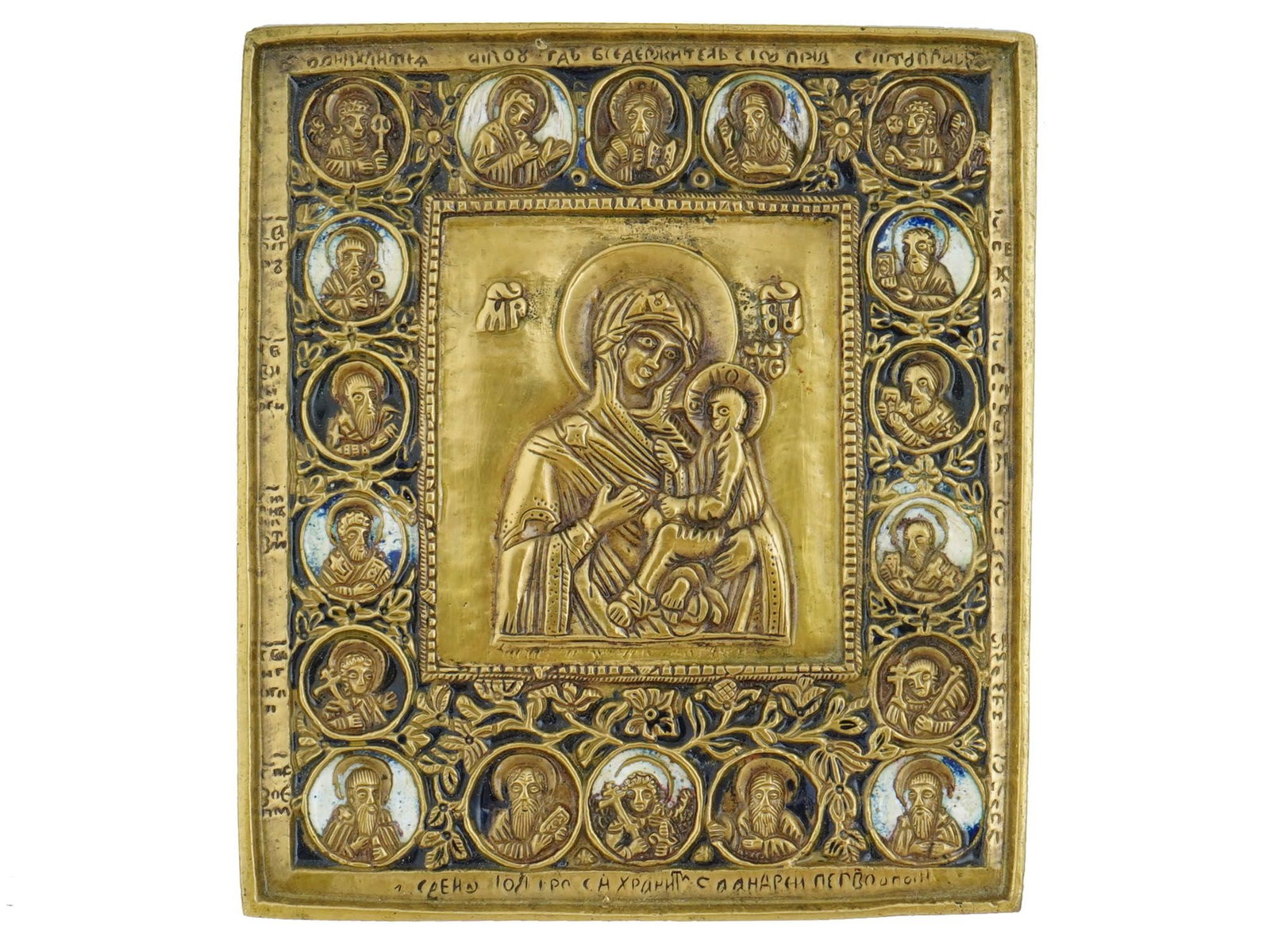 19TH C RUSSIAN TIKHVIN MOTHER GOD ENAMEL BRONZE ICON (1 of 6)