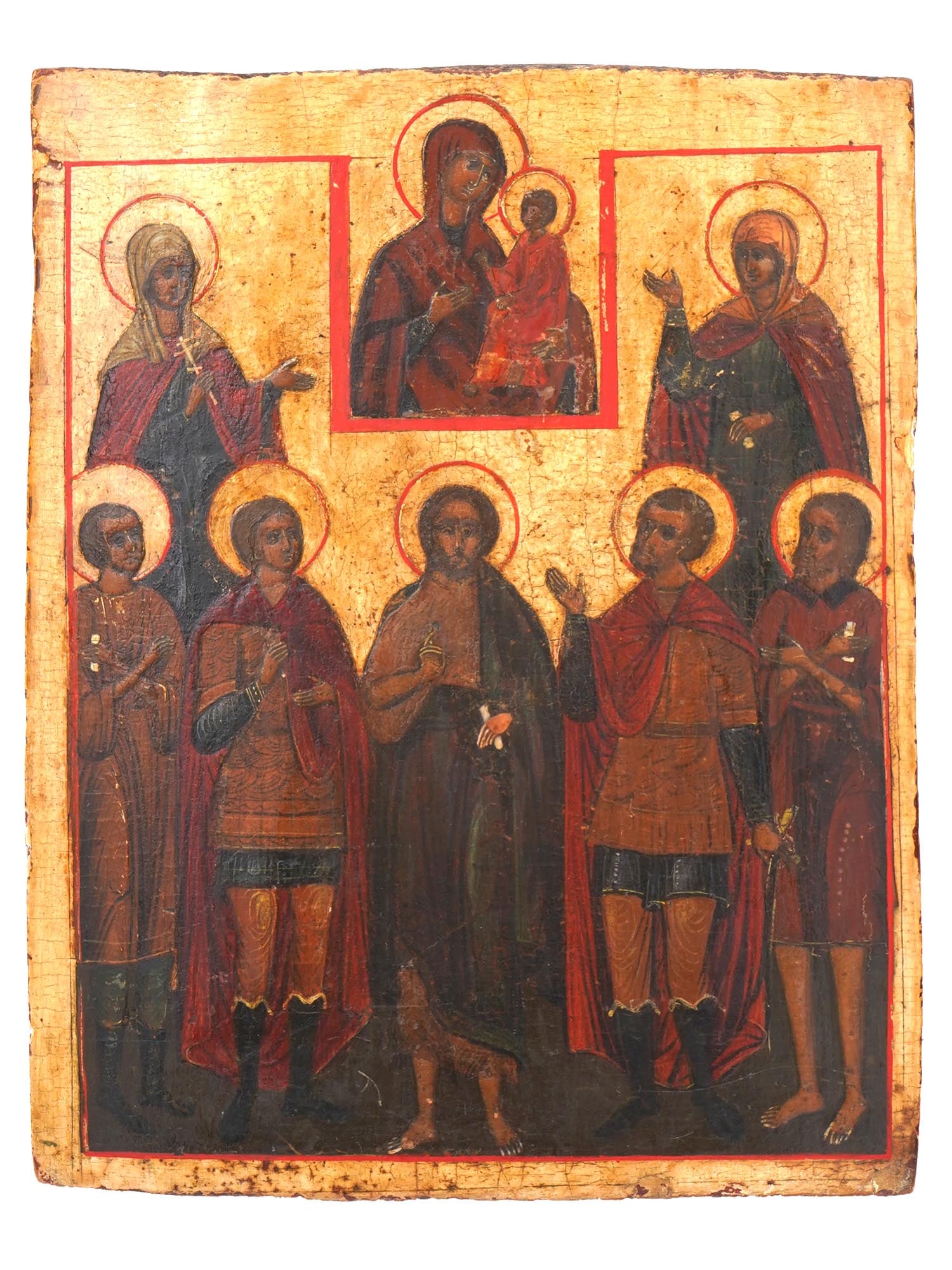 ANTIQUE 18TH C RUSSIAN ICON JESUS CHRIST W SAINTS: An antique 18th-century Russian Orthodox icon of Jesus Christ flanked with saints, including the Apostles, with a picture of Mother of God with Christ Child above. Mixed media painting: egg tempera, g