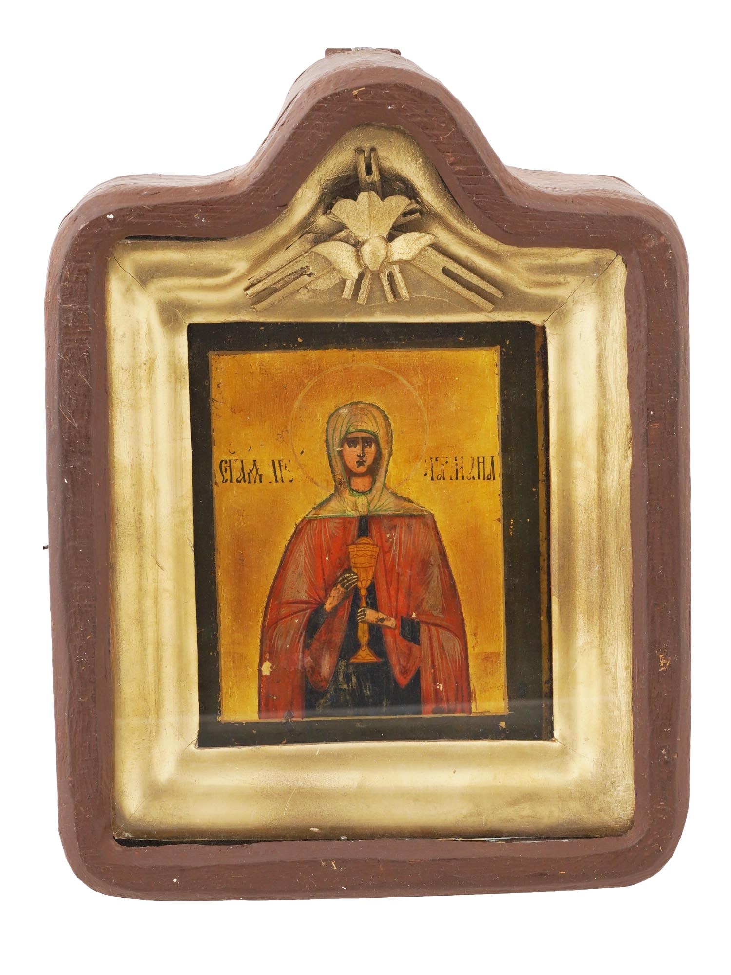 ANTIQUE 19TH C RUSSIAN ICON SAINT TATIANA FRAMED: An antique 19th-century Russian Orthodox icon representing Saint Tatiana. Mixed media painting: egg tempera, gesso, and levkas on a wood board with gilding. Titled in Church Slavonic. The icon is encl