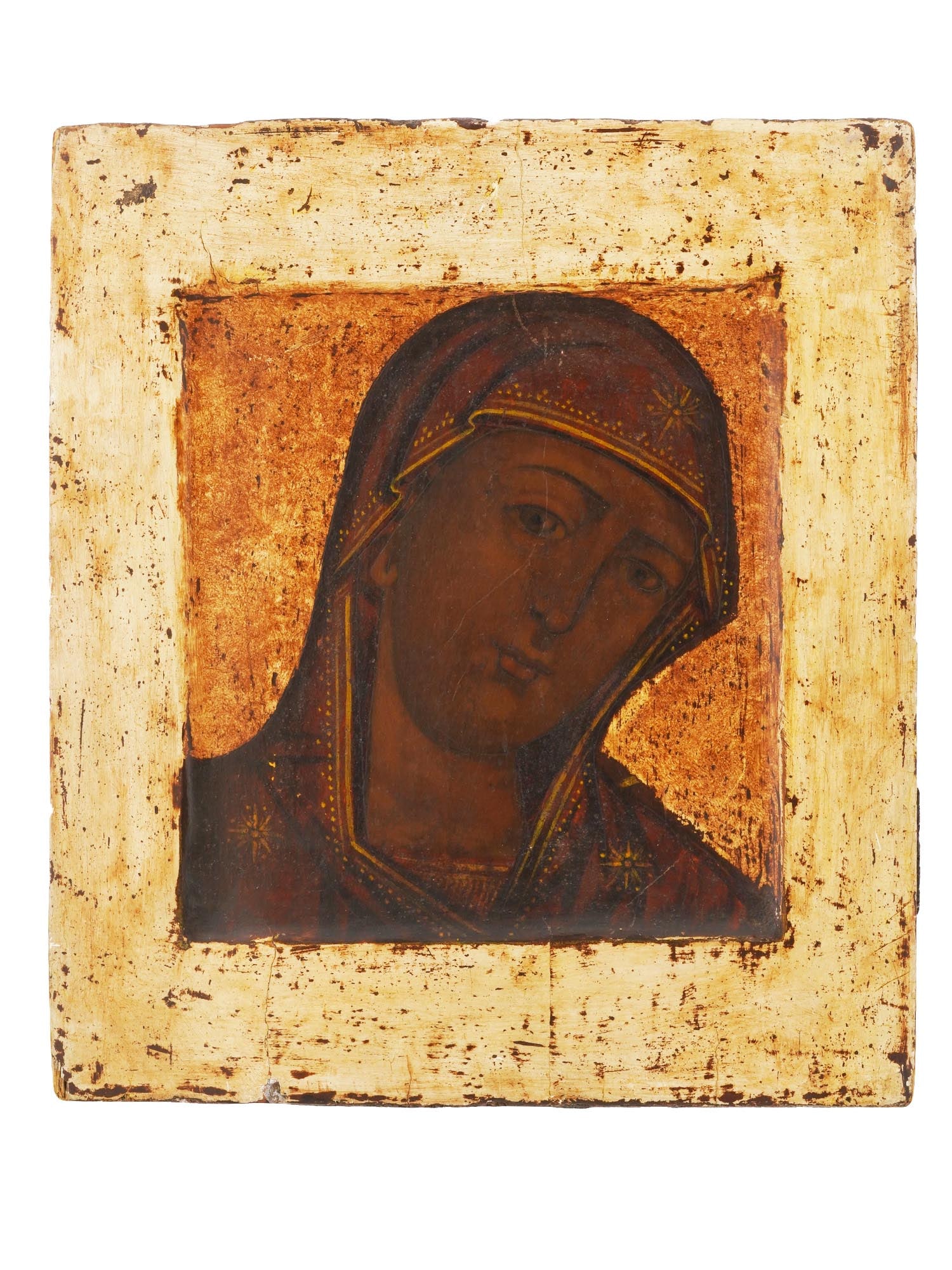 ANTIQUE 18TH C RUSSIAN ICON MOTHER OF GOD: An antique 18th-century Russian Orthodox icon of Mother of God, presumably the Areovindus iconography, the Fire-like. Mixed media painting: egg tempera, gesso, and levkas on a wood board. There is