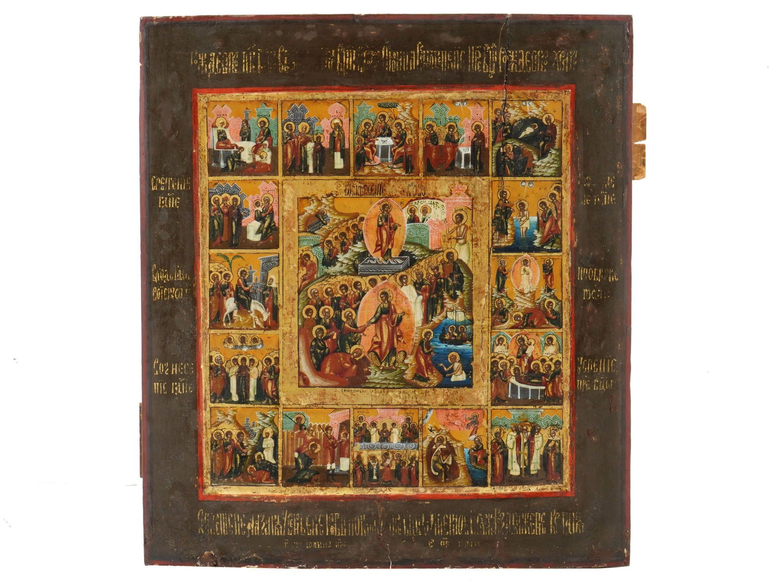 ANTIQUE 19C RUSSIAN ICON FEAST OF CHRIST RESURRECTION: An antique 19th century Russian Orthodox icon of the Feast The Resurrection of Christ, Palekh school. Hand painted in egg tempera, gesso, gold leaf and levkas on a wood board with raised kovcheg