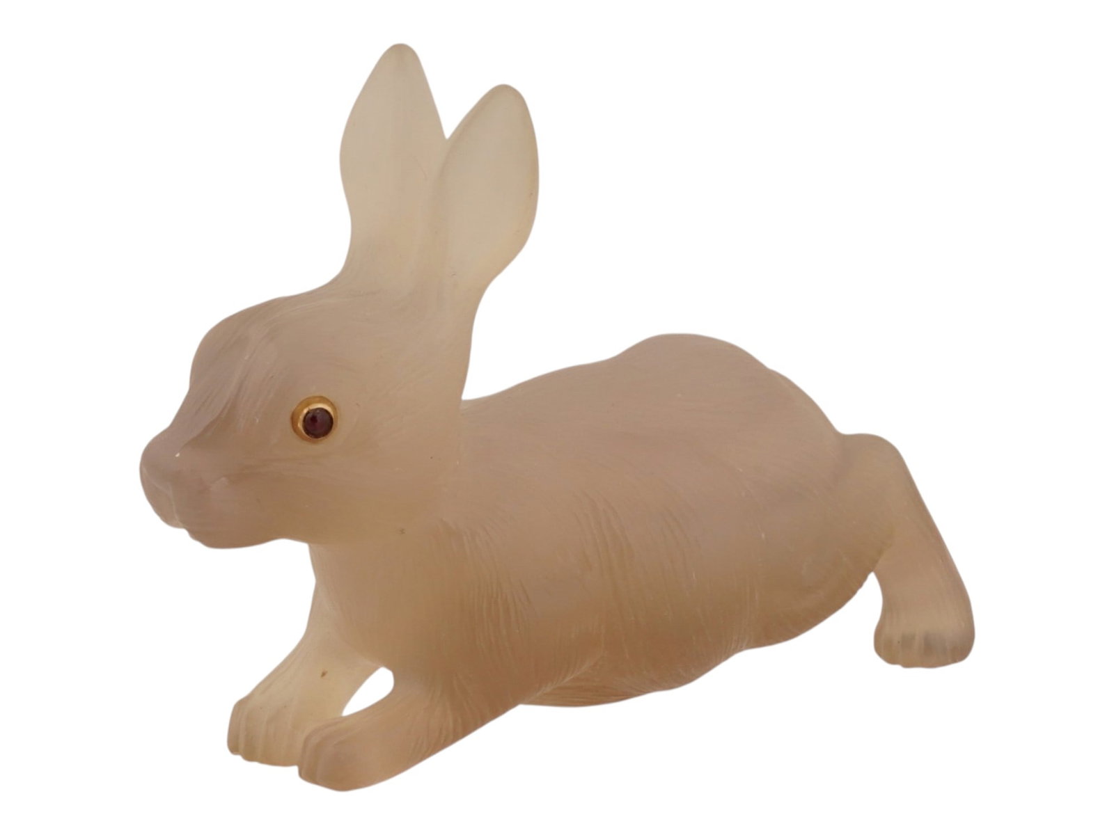 RUSSIAN CARVED AGATE RABBIT FIGURE W GOLD GEMSTONE EYES: A Russian hardstone miniature rabbit, hand-carved from natural semi-translucent agate with engraved fur details. The figure is accented with cabochon gemstone eyes set in gold bezels. Russian