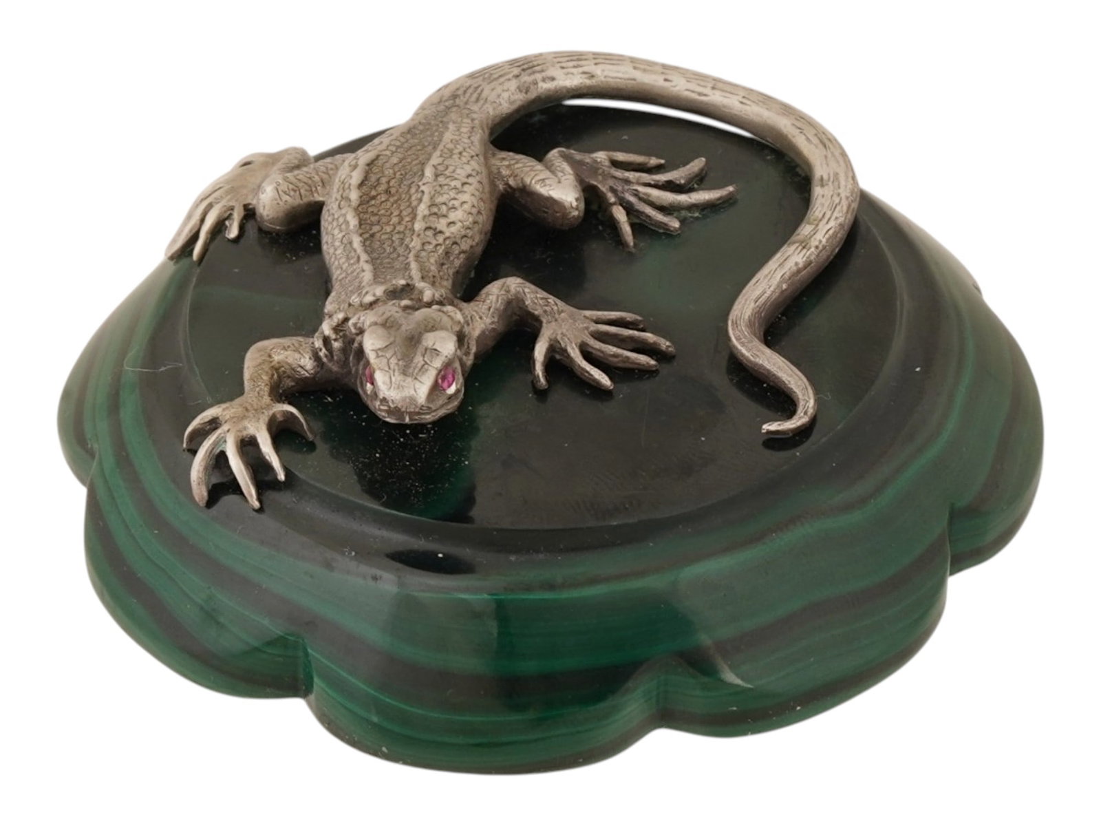 RUSSIAN SILVER LIZARD FIGURINE RUBY EYES MALACHITE BASE (1 of 6)