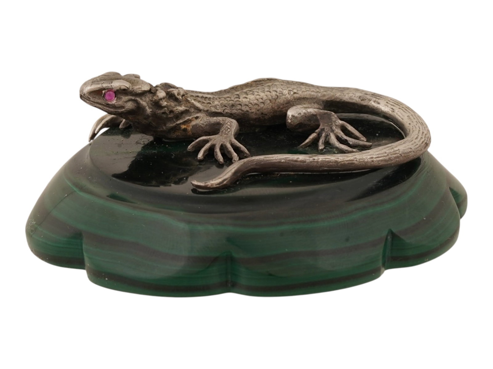 RUSSIAN SILVER LIZARD FIGURINE RUBY EYES MALACHITE BASE - 2