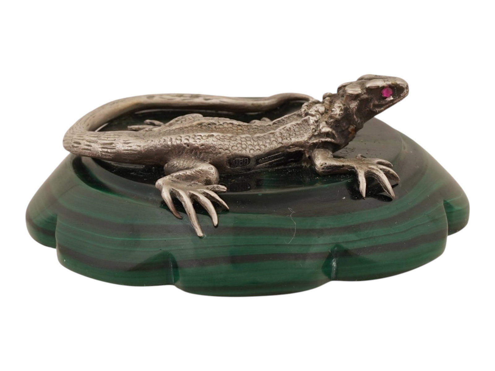 RUSSIAN SILVER LIZARD FIGURINE RUBY EYES MALACHITE BASE - 3