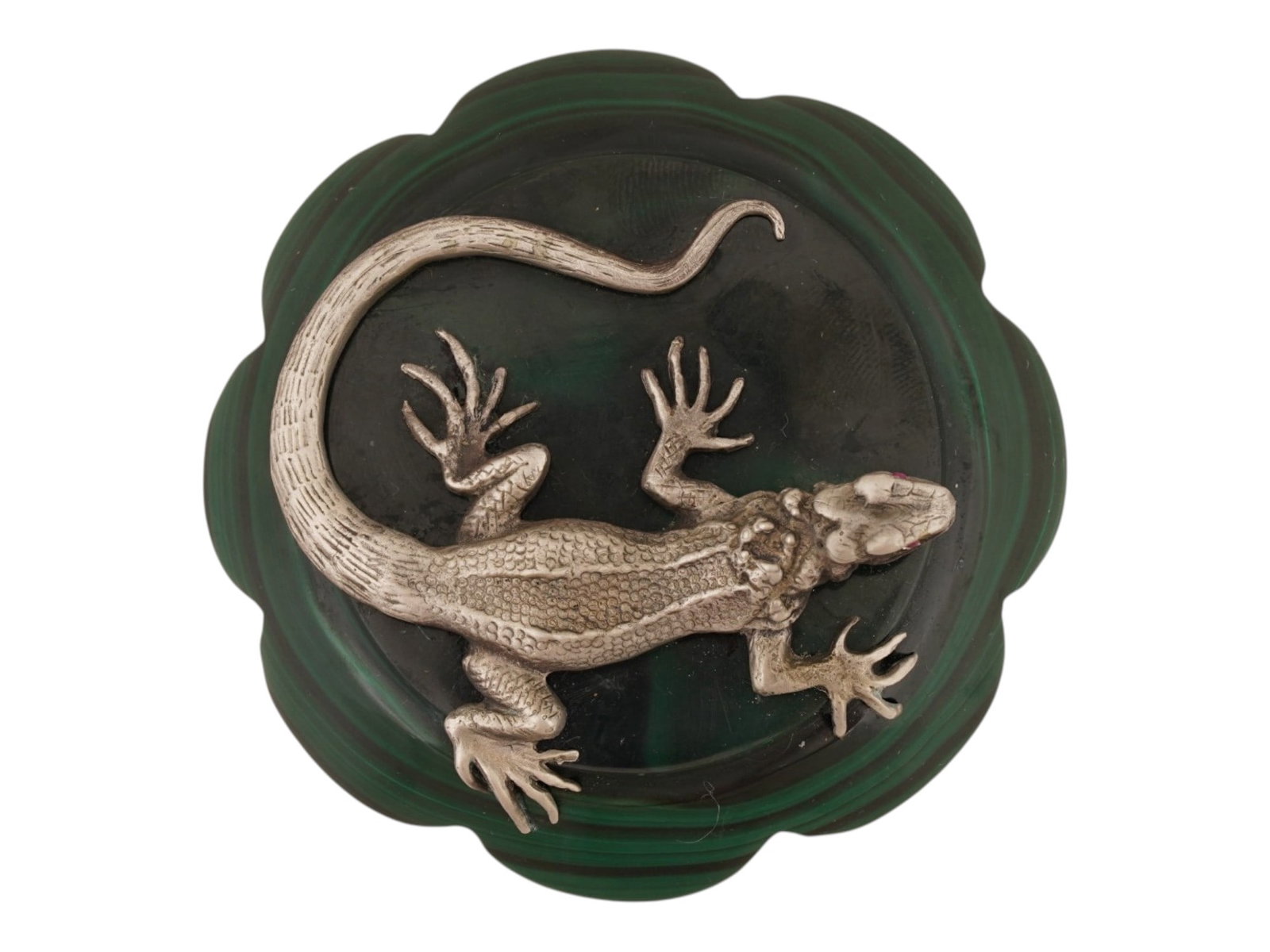 RUSSIAN SILVER LIZARD FIGURINE RUBY EYES MALACHITE BASE - 4