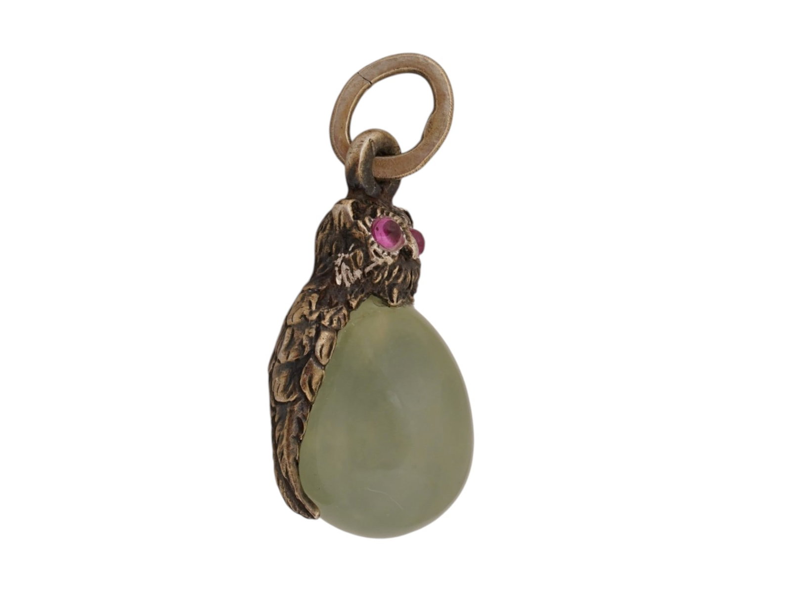 RUSSIAN SILVER JADE RUBY OWL EASTER EGG PENDANT - 3