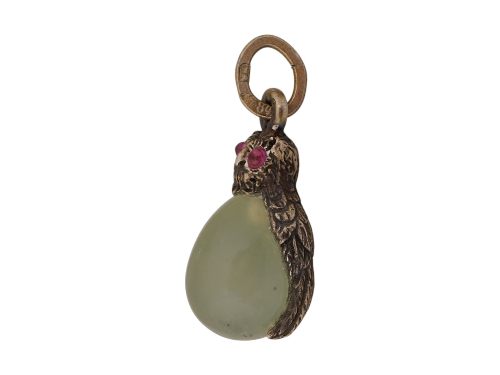 RUSSIAN SILVER JADE RUBY OWL EASTER EGG PENDANT - 4