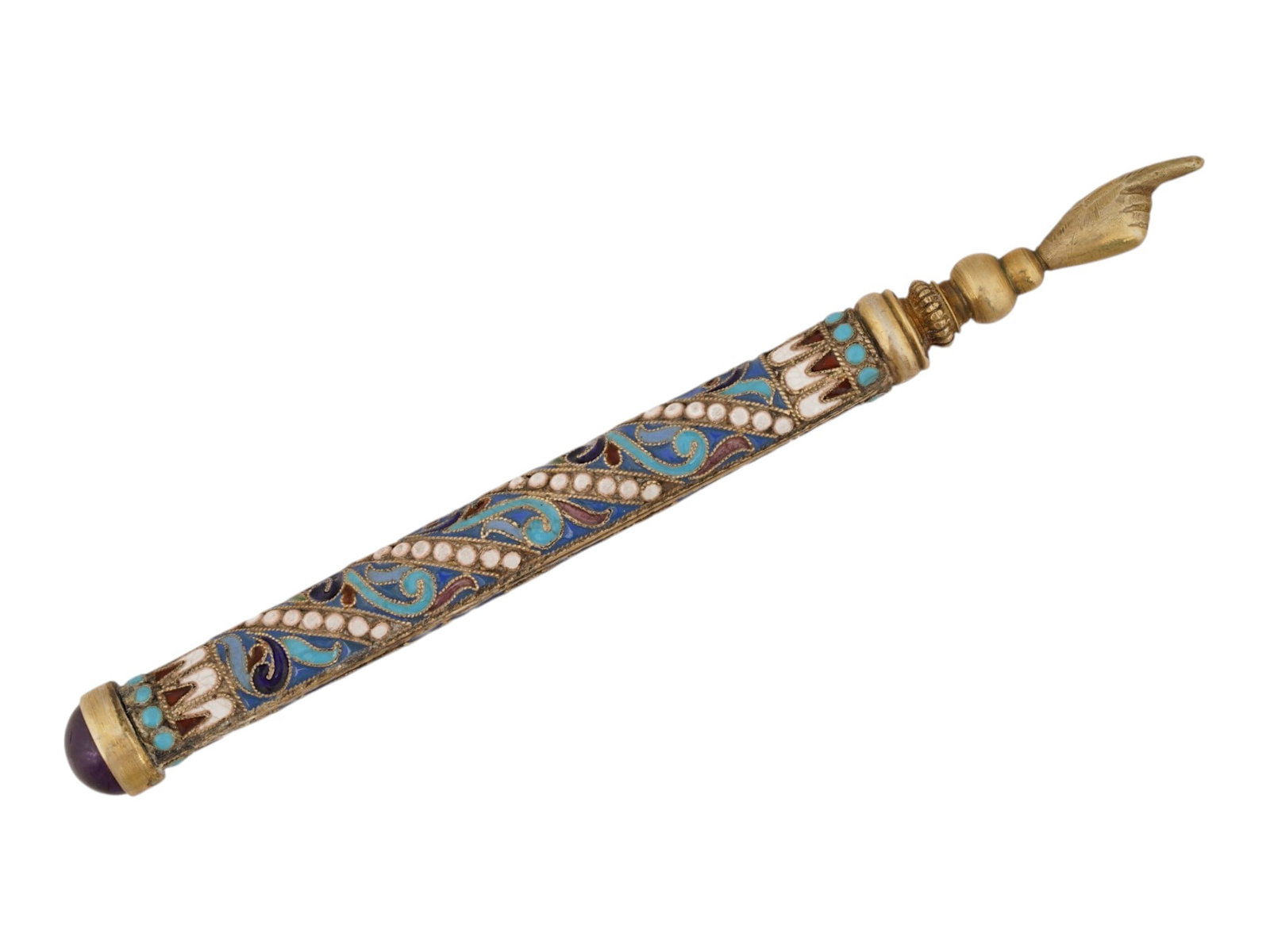RUSSIAN JUDAICA GILT SILVER ENAMEL GEMS TORAH POINTER: A Russian gilt silver Torah pointer. The end of the piece is a palm with an extended index finger. The handle is decorated with polychrome cloisonne enamel ornaments. The handle tip is embellished wit