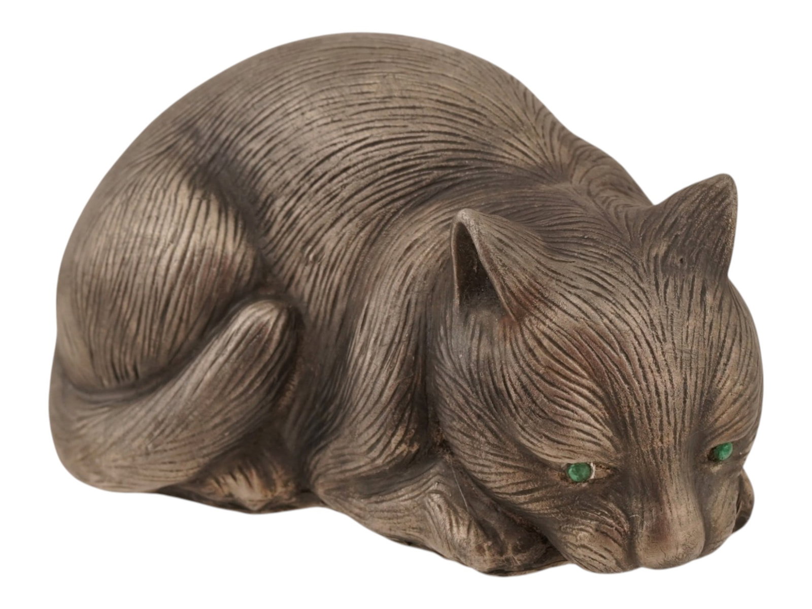 RUSSIAN SILVER CAT FIGURINE WITH EMERALD EYES: A Russian silver figure of a cat. The eyes of the figurine are inlaid with emerald cabochons. Hallmark of 84 silver standard and makers marks are on the bottom. Total Weight: 75 g. Collectible Russian