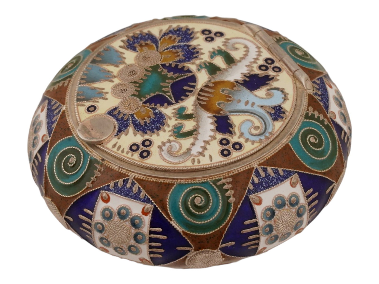 RUSSIAN SILVER AND CLOISONNE ENAMEL PILL BOX (1 of 8)