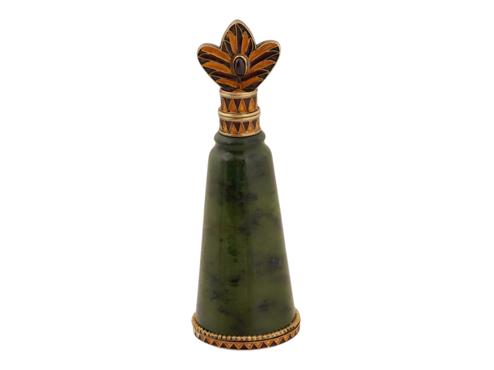 RUSSIAN SILVER ENAMEL JADE PERFUME BOTTLE W GEMSTONES: A Russian perfume bottle features a carved tapered body of dark green nephrite jade, accented by silver gilt mounts at the collar and base. The underside of the base is struck with the 84 Silver hallm