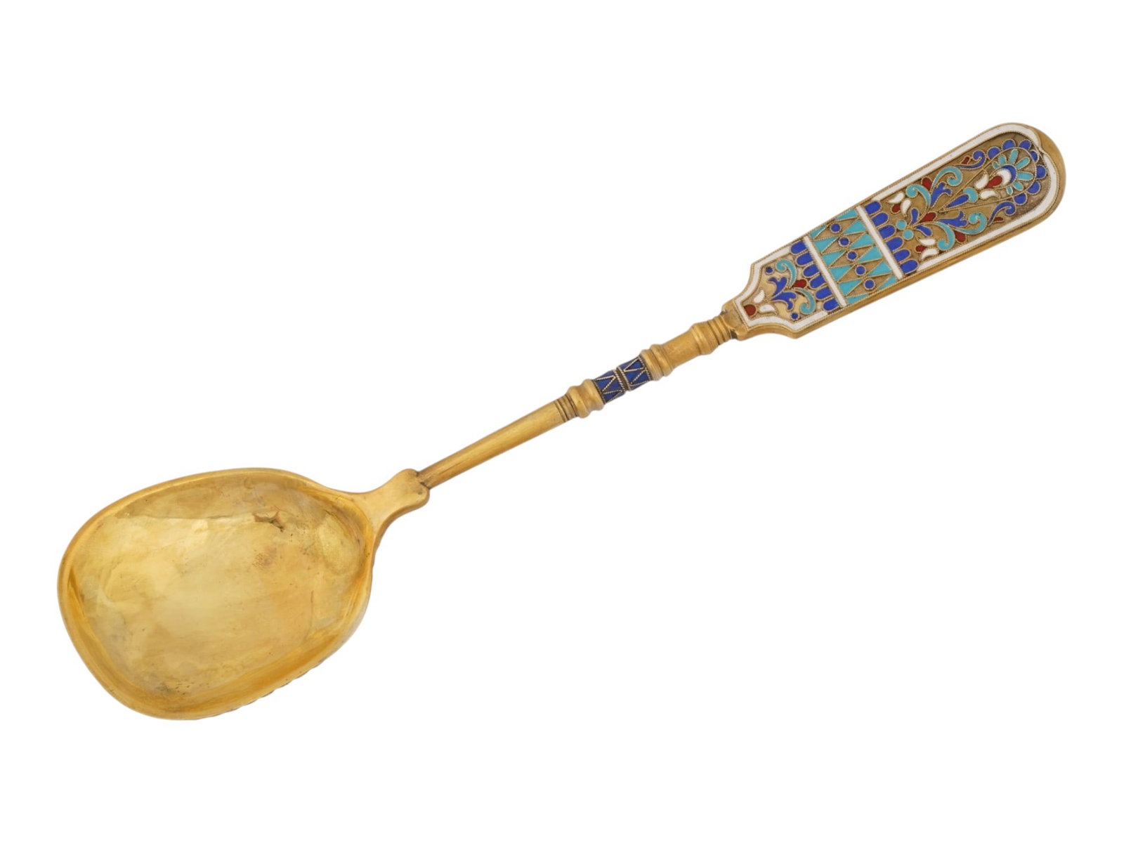 EXTRA LARGE RUSSIAN SILVER ENAMEL SERVING SPOON - 2