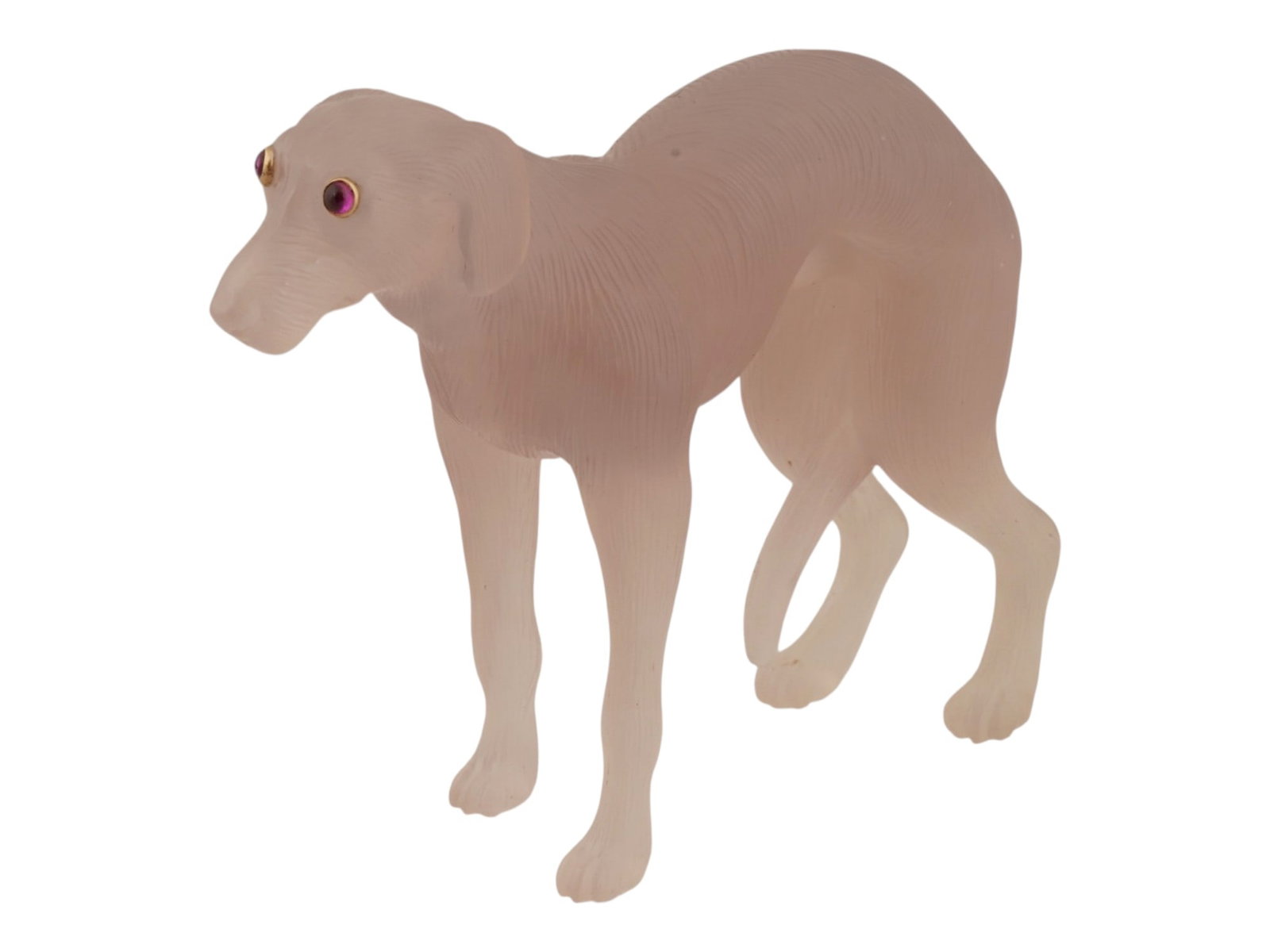 RUSSIAN AGATE BORZOI FIGURINE W GOLD AND RUBY EYES: A Russian hand carved pink agate stone figurine of a Greyhound set with ruby eyes in gold settings. Decor And Desk Accessories, Russian Stone Carved Figures And Jewelry Collectibles. Total weight: 50