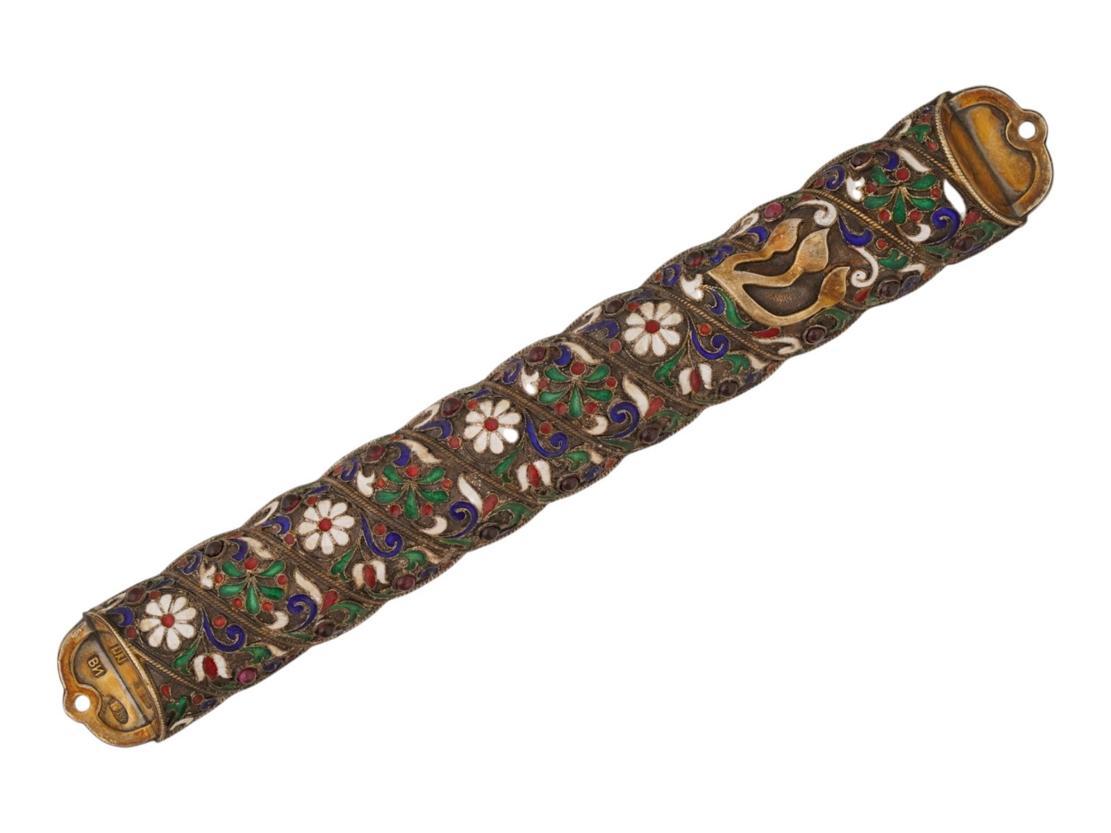 RUSSIAN JUDAICA SILVER ENAMEL MEZUZAH W GEMSTONES: A Russian Judaica gilt silver enamel mezuzah, a Jewish decorative case that contains a piece of parchment with the Gods name and is affixed to the doorpost. The item is garnished with polychrome