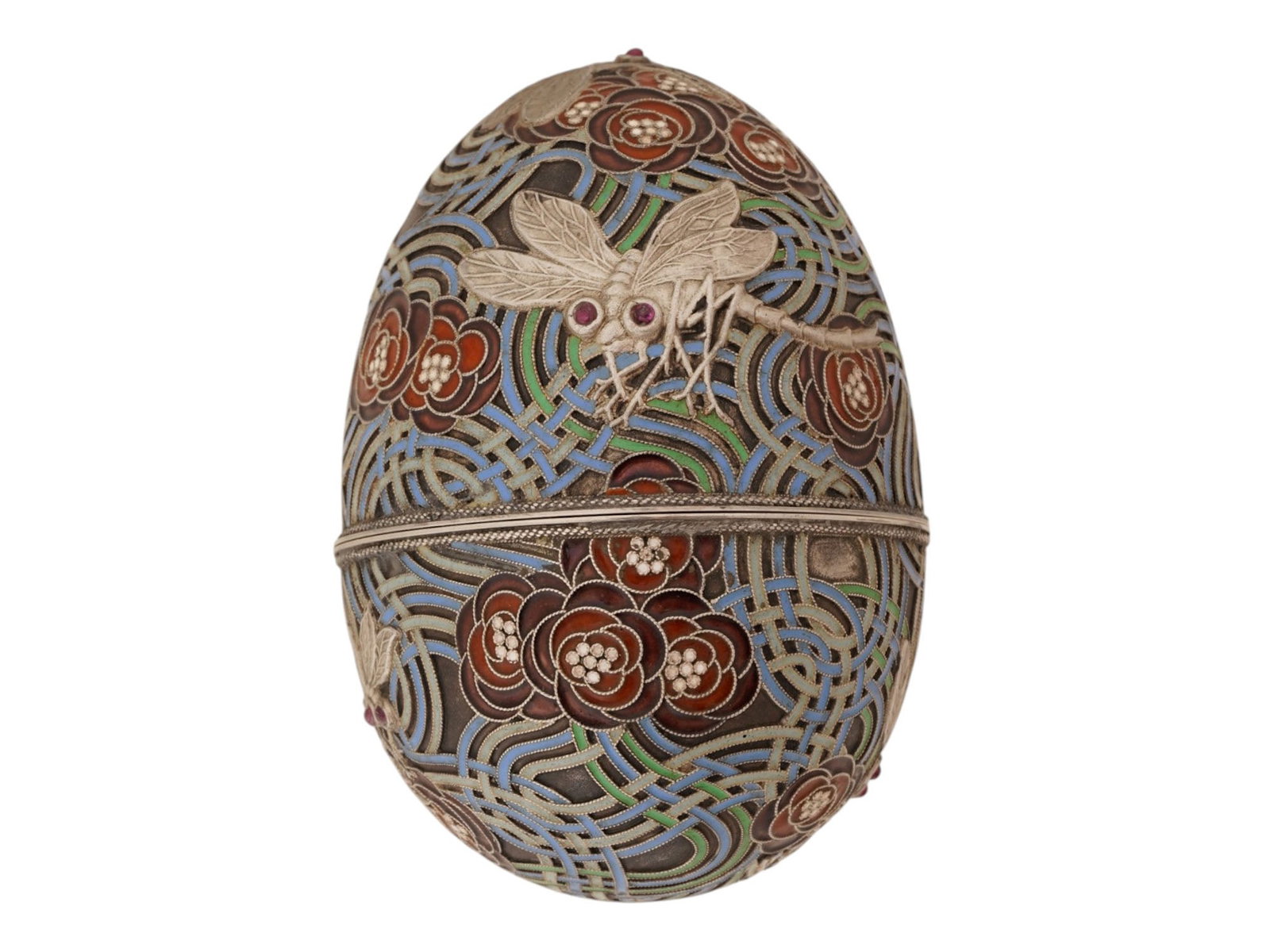 RUSSIAN SILVER CLOISONNE ENAMEL DRAGONFLY EASTER EGG: A Russian silver Easter Egg casket. Polychrome cloisonne enamel surface, intricate ornamentation with floral motifs. The piece also depicts relief dragonflies with gemstone eyes. Hallmark of 84