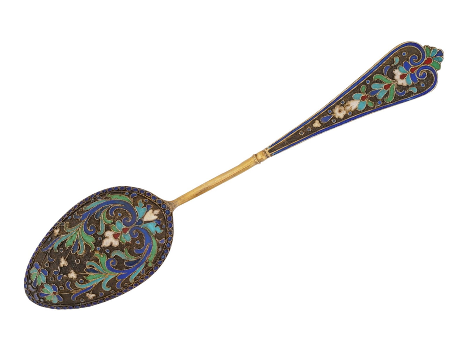RUSSIAN GILT SILVER CLOISONNE ENAMEL TABLE SPOON: A Russian gilt silver tablespoon garnished with polychrome floral cloisonne enamel decor in blue, turquoise, and green colors. Hallmark of 84 silver standard and makers mark are on the backside of