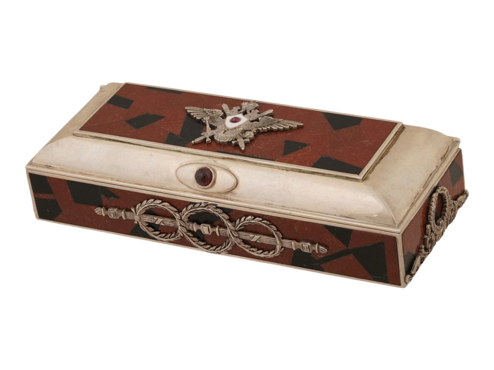 RUSSIAN SILVER ENAMEL HARDSTONE MOSAIC GEMSTONE BOX: An Imperial Russian silver presentation box with a carved hardstone mosaic lid and gilt silver mounts featuring trophies of arms and laurel wreaths to the sides. The geometric inlay is centered with