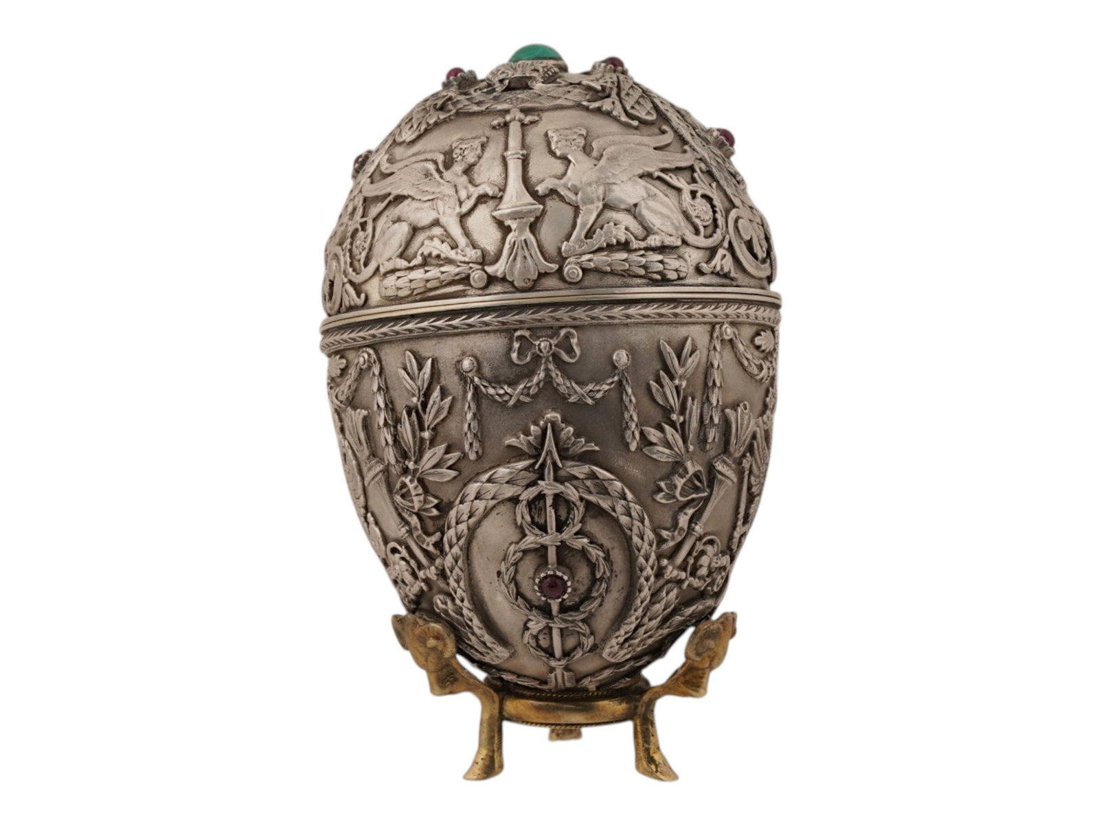 RUSSIAN SILVER PRESENTATION EASTER EGG WITH GEMSTONES - 2