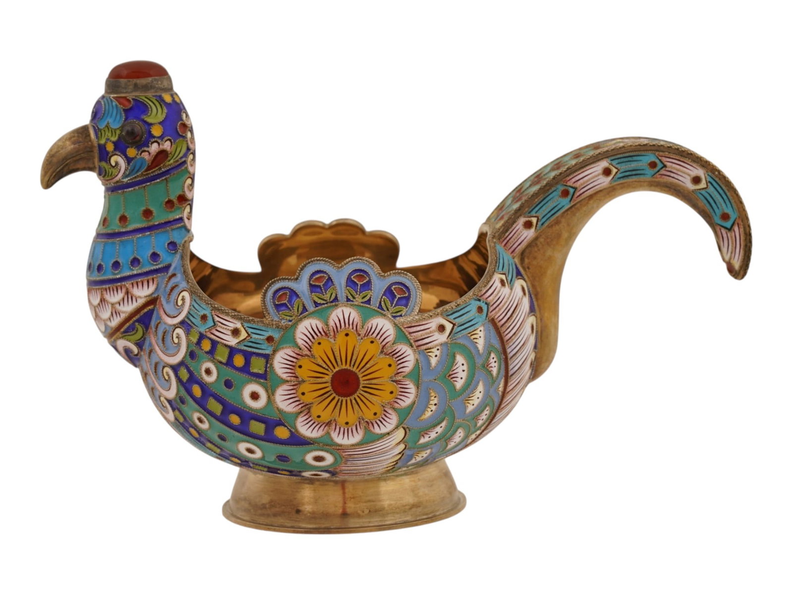RUSSIAN SILVER CLOISONNE ENAMEL BIRD KOVSH W GEMSTONES: A Russian 88 gilt Silver and enamel figural kovsh. The traditional shaped kovsh with a raised handle. A gold wash interior. The exterior of the kovsh is made in a bird design, and enameled with