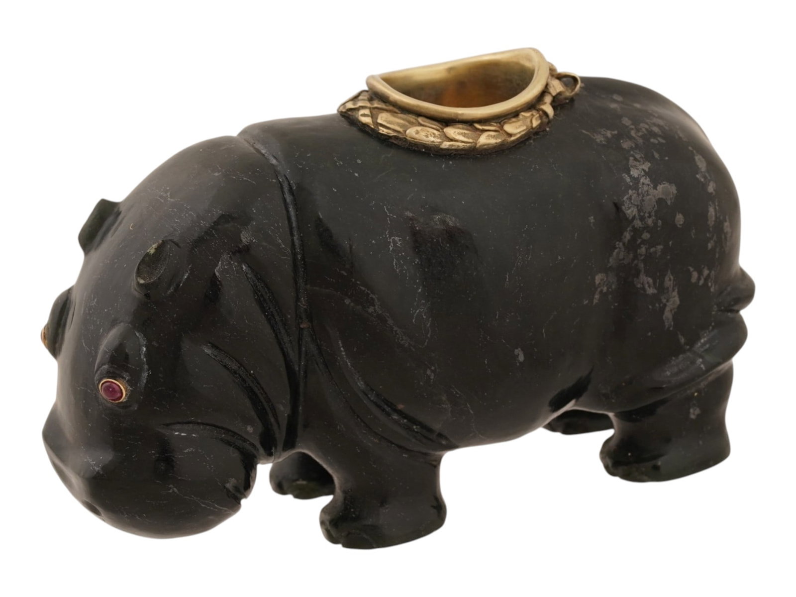 RUSSIAN SILVER JADE HIPPO CANDLE HOLDER W GOLD RUBY: A Russian gilt 84 silver candle holder on top of hand-carved black jade figure modeled in the form of a hippopotamus. The eyes of the figurine are set with ruby cabochons in gold fittings. The candle
