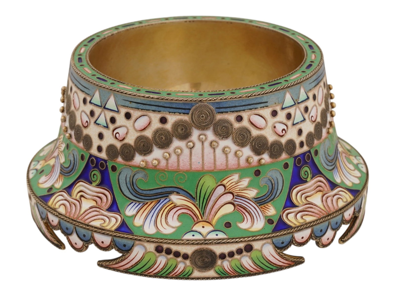 LARGE RUSSIAN 84 SILVER ENAMEL ICE CREAM BOWL: A large Russian silver enamel ice cream bowl. Embossed floral decor with geometric details made using cloisonne enamel technique. Hallmark of 84 silver standard and makers mark are on the bottom. Coll