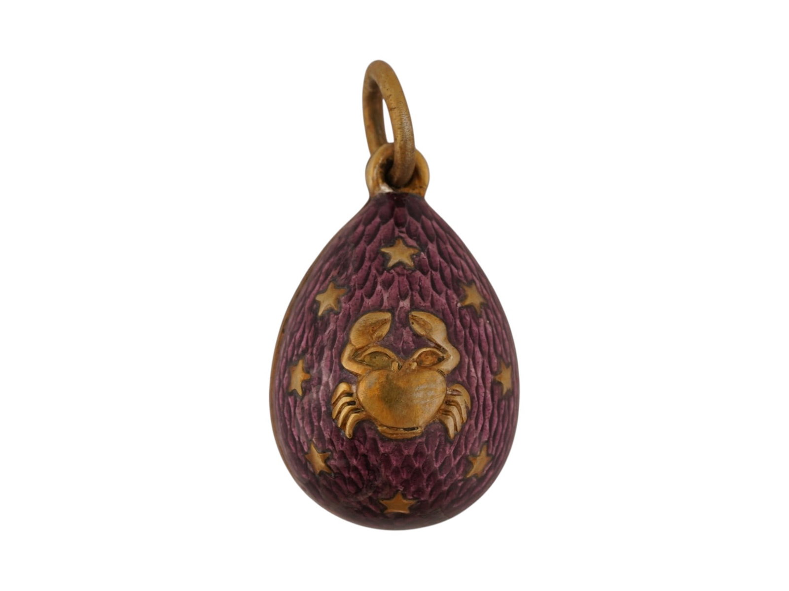 RUSSIAN 88 GILT SILVER ENAMEL CANCER EGG PENDANT: A Russian gilt silver Easter egg pendant decorated with a shimmering purple guilloche enamel throughout. Features a relief image of Cancer, an astrological sign, on the front side, with raised stars