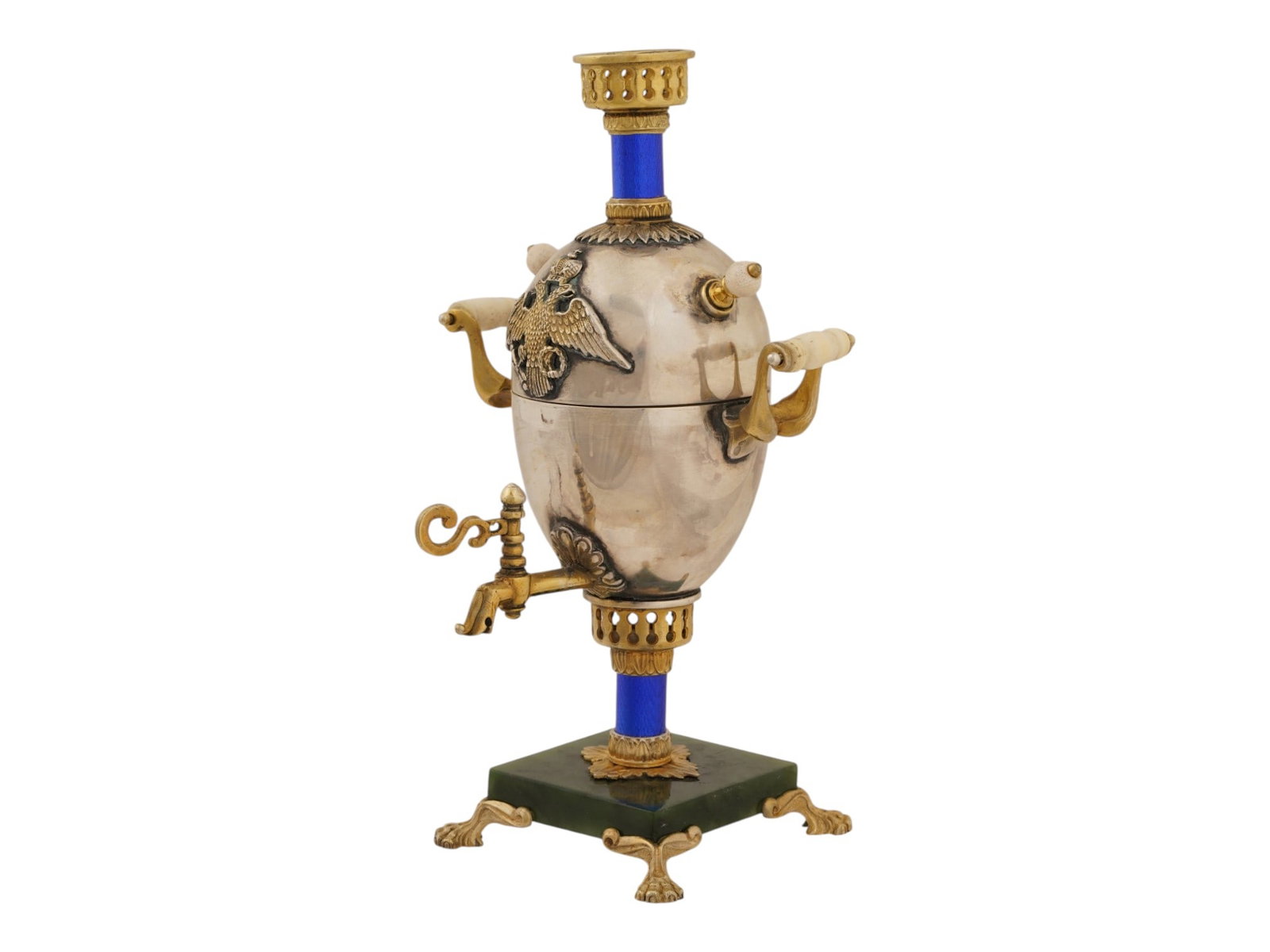 RUSSIAN SILVER ENAMEL JADE SAMOVAR EASTER EGG CASKET: A large Russian silver Easter Egg casket designed as a samovar. Cobalt blue guilloche enamel accents. Relief Imperial eagle on the obverse. Gilded details and interior. The piece is mounted on a