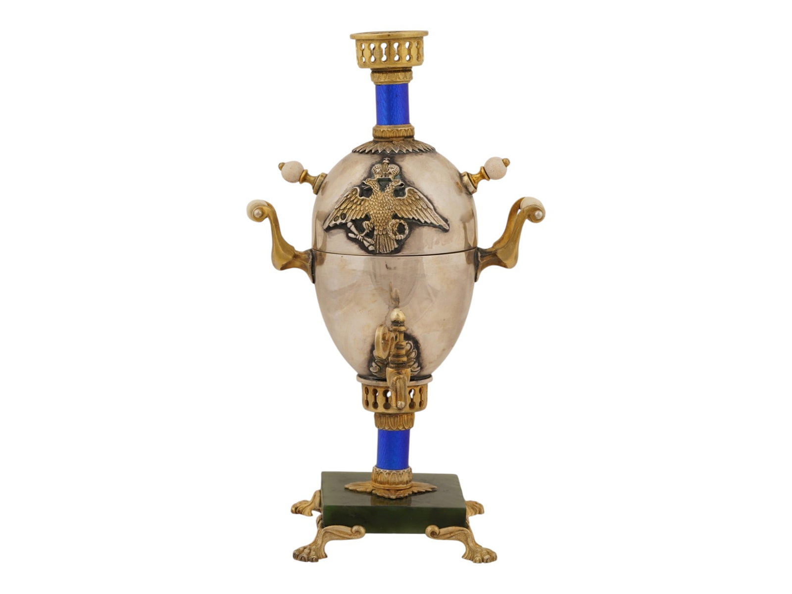 RUSSIAN SILVER ENAMEL JADE SAMOVAR EASTER EGG CASKET - 2