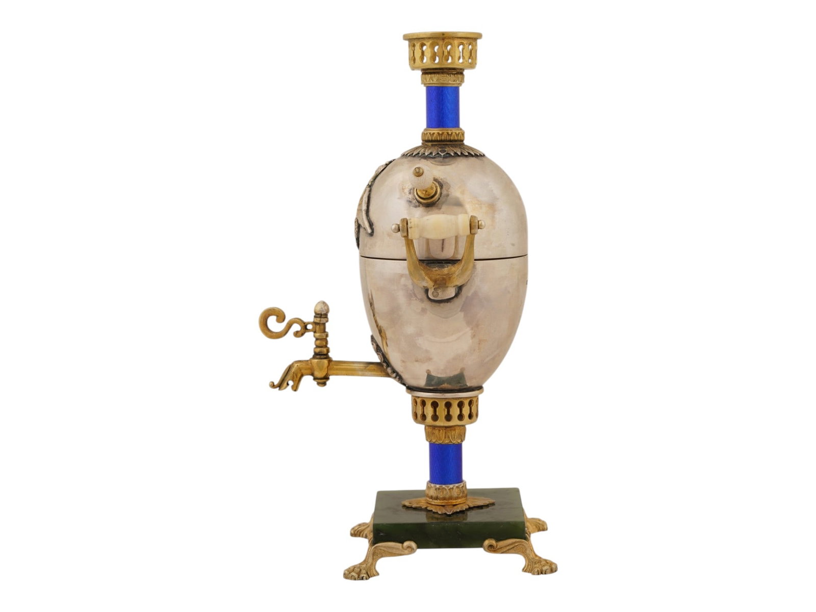 RUSSIAN SILVER ENAMEL JADE SAMOVAR EASTER EGG CASKET - 3