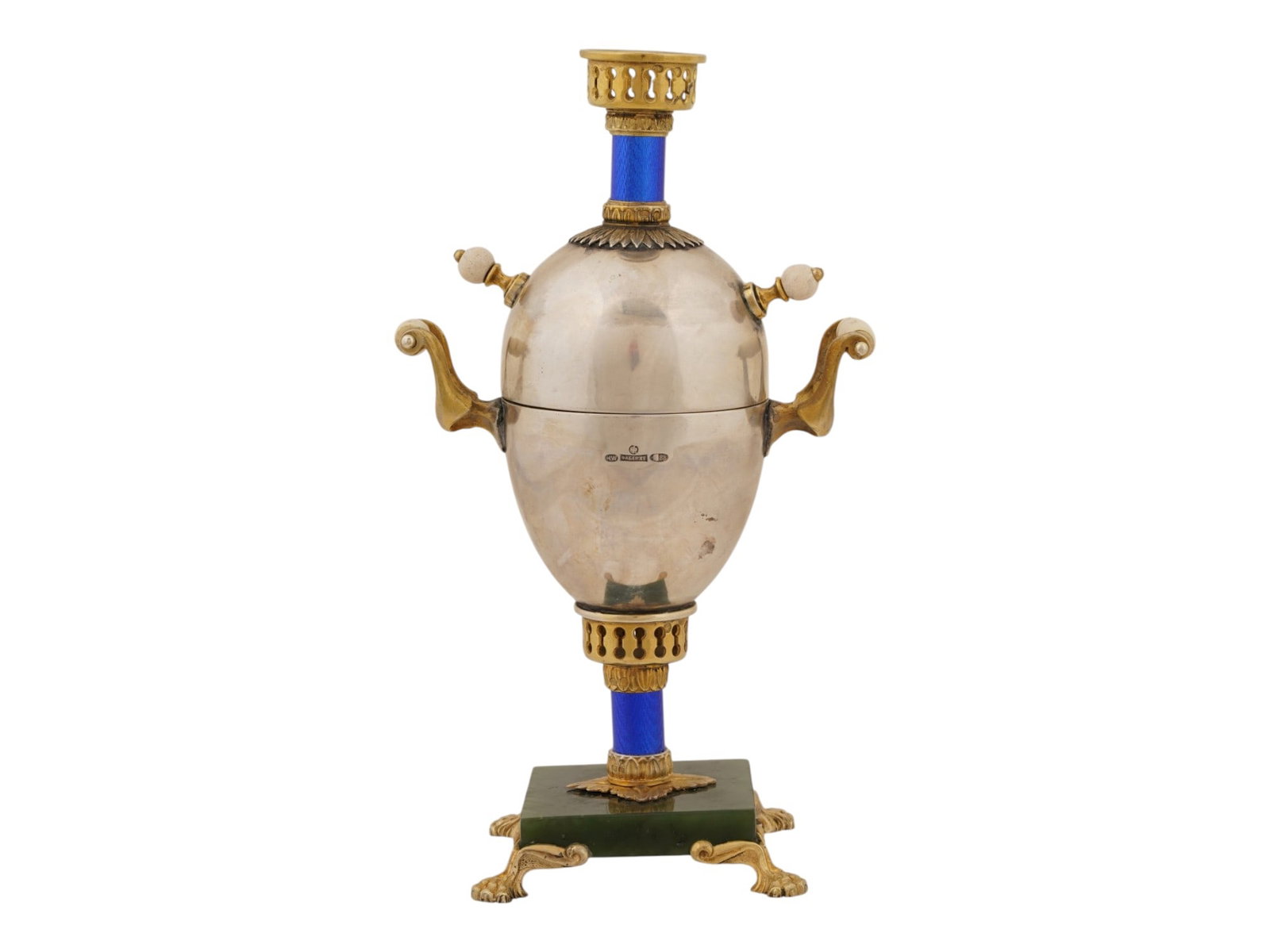 RUSSIAN SILVER ENAMEL JADE SAMOVAR EASTER EGG CASKET - 4