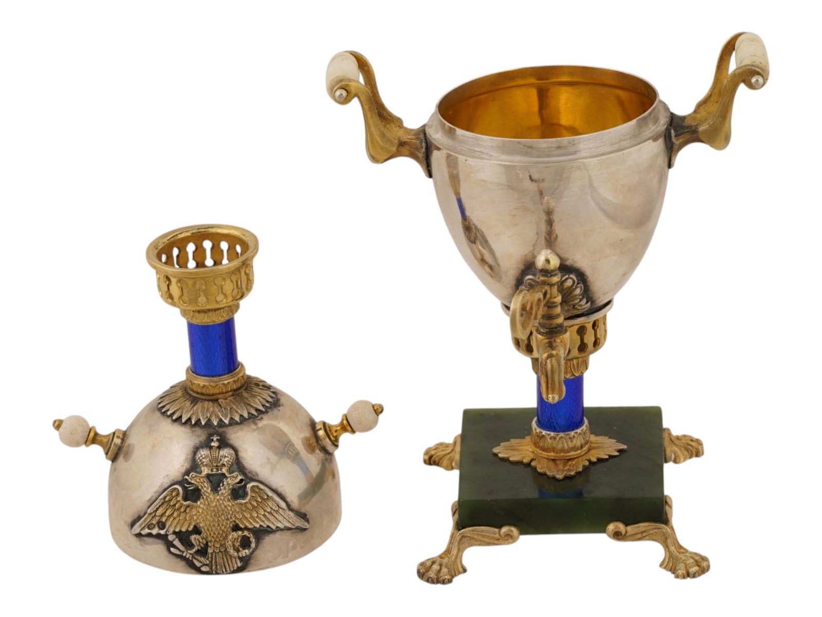 RUSSIAN SILVER ENAMEL JADE SAMOVAR EASTER EGG CASKET - 7