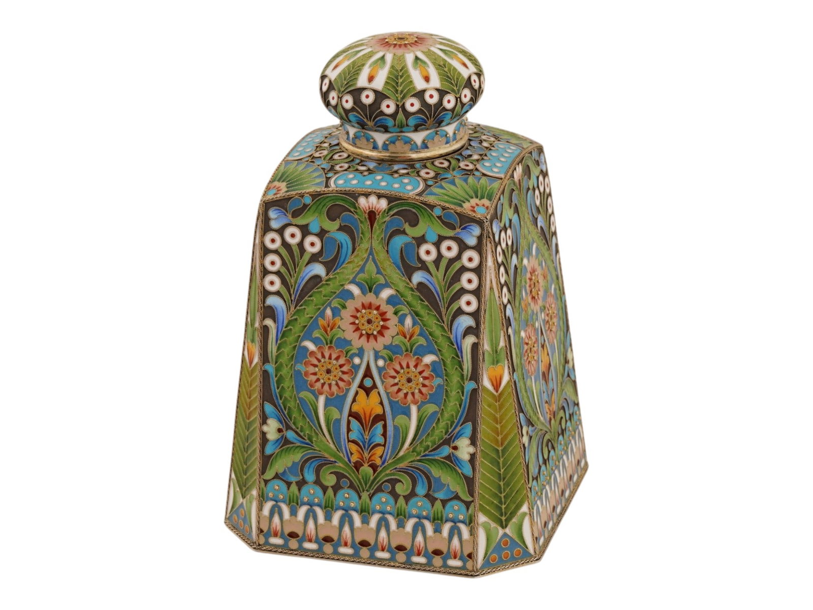 LARGE RUSSIAN 88 SILVER CLOISONNE ENAMEL TEA CADDY: A large Russian tea caddy made of gilded silver with cloisonne enamel. The ware has a square and domed shape with a knobbed lid. The body and lid are decorated with polychrome enamel floral, foliage