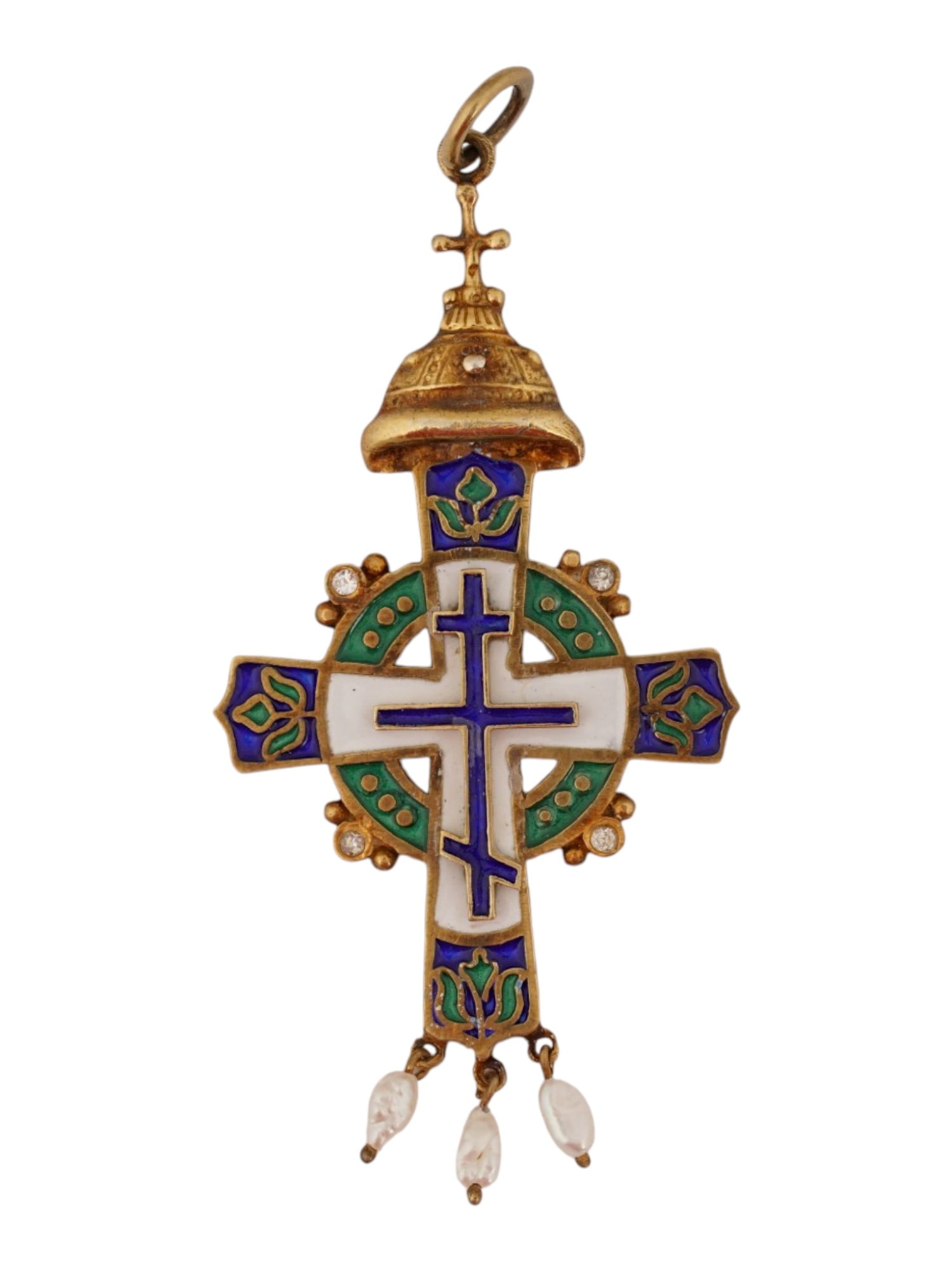 RUSSIAN SILVER ENAMEL CROSS PENDANT DIAMONDS AND PEARLS: A Russian Orthodox gilt silver and enamel cross pendant in the shape of a cross with a Monomakhs cap on the top. The cross was made in memory of the 300th anniversary of the reign of the Romanov