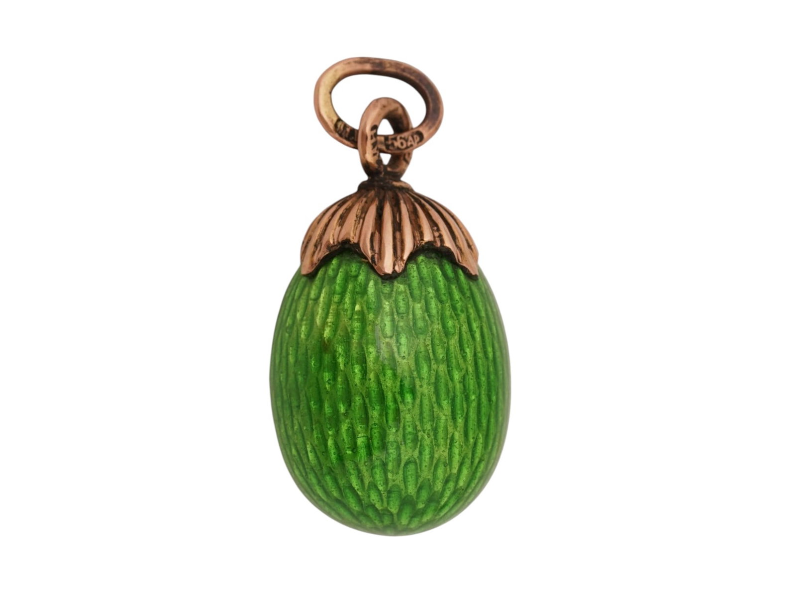 RUSSIAN 14K GOLD GUILLOCHE ENAMEL EASTER EGG PENDANT: A Russian 14K Gold Easter egg pendant. The ware is covered with shimmering green guilloche enamel. Marked on the fitting rings with a 14K Gold standard and the makers marks. Handcrafted Fine Jewelry,
