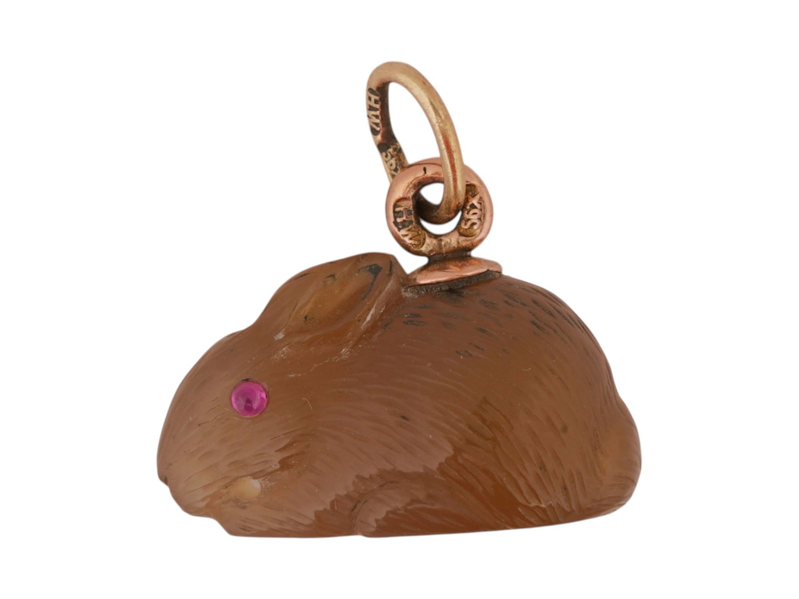 RUSSIAN 14K GOLD AGATE EASTER EGG PENDANT W RUBY EYES: A Russian carved Agate and 14K Gold figural Easter egg pendant. The pendant is made in a rabbit design, encrusted with Ruby stone eyes. Marked with a Gold standard hallmark, and a makers mark, on