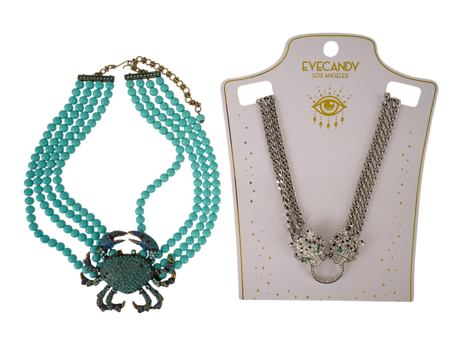 HEIDI DAUS AND EYECANDY STATEMENT NECKLACES: A pair of statement necklaces. First. A four-row beaded necklace with a large Queen Crab pendant embellished with crystals of aquamarine, Capri blue, and hyacinth-inspired tones. Marked Heidi Daus, Ch