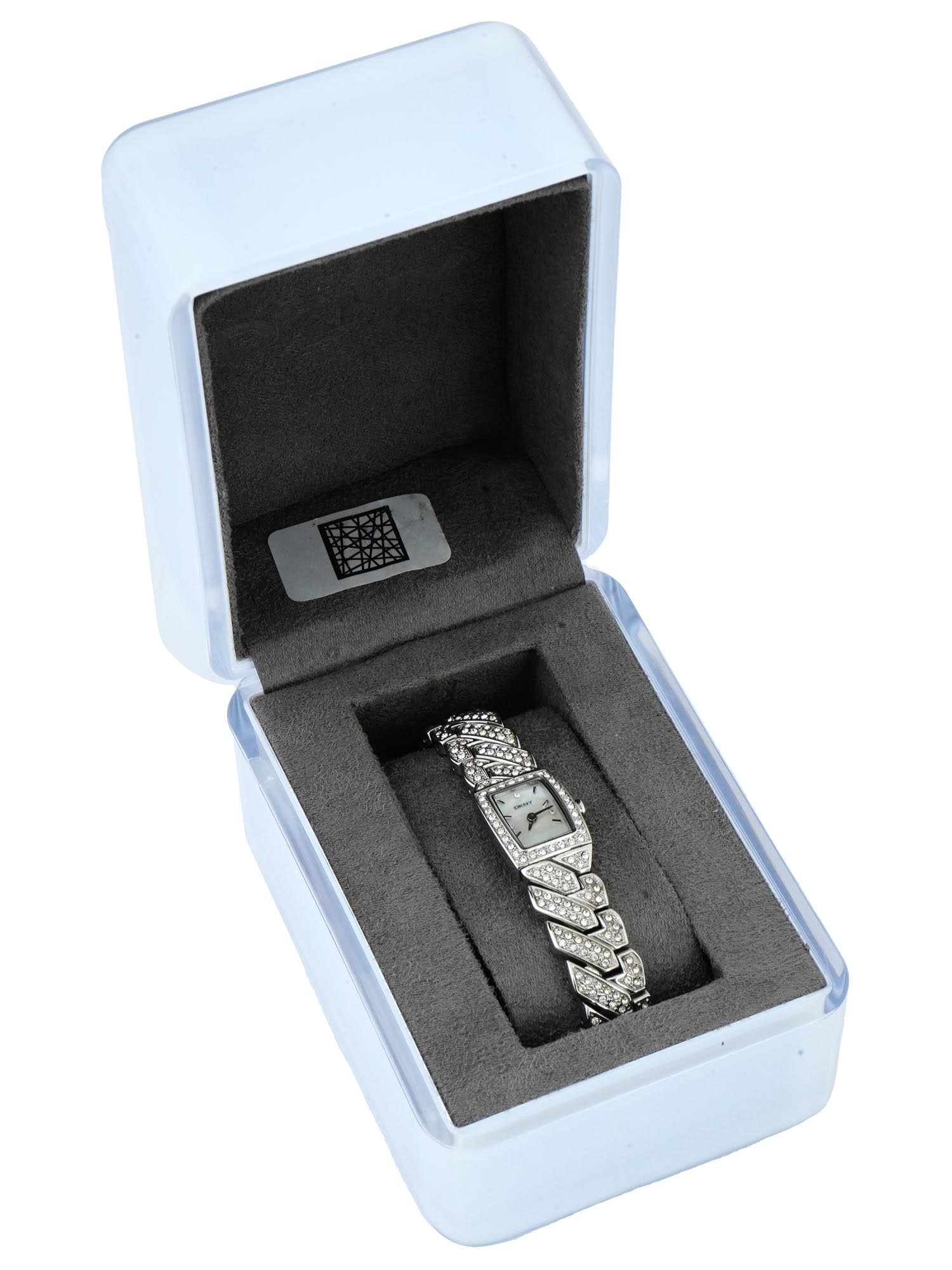VINTAGE AMERICAN DKNY STAINLESS STEEL WATCH W SWAROVSKY: A vintage American DKNY solid stainless steel bracelet watch with rectangular face and Swarovski crystals. Marked on the back side. Presented in the original box. Vintage Luxury Wrist Watches For Wome