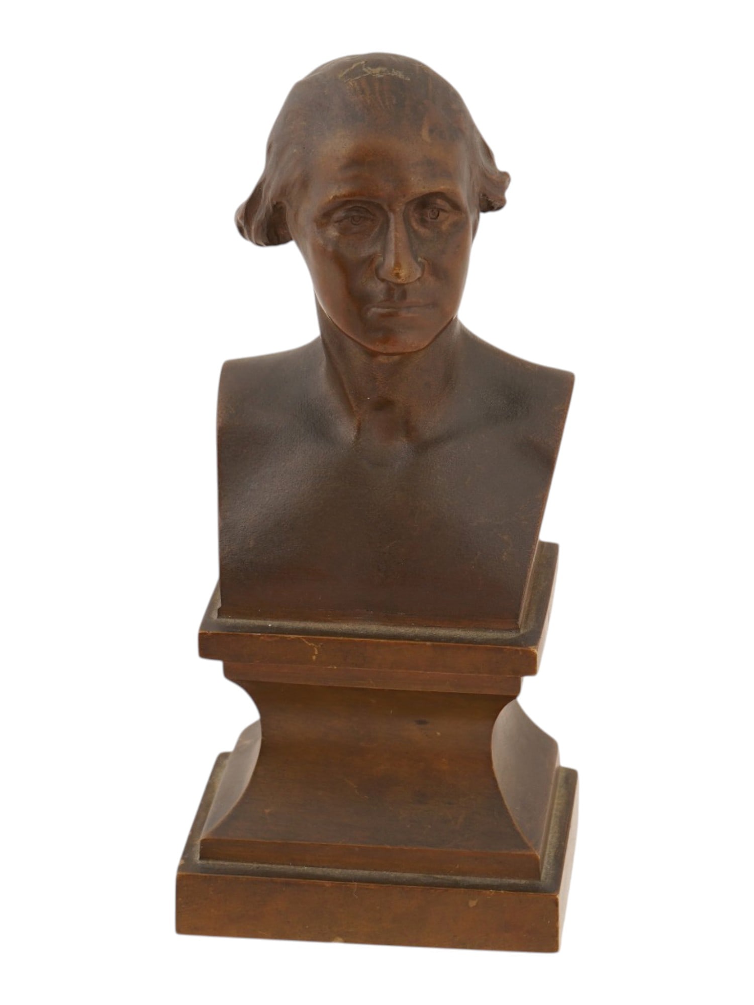 BRONZE BUST OF GEORGE WASHINGTON AMERICAN PRESIDENT: A bronze bust of George Washington, created based on the famous sculpture by the French master Jean Antoine Houdon. Houdon created an original sculptural portrait of the first U.S. president in 1785 t