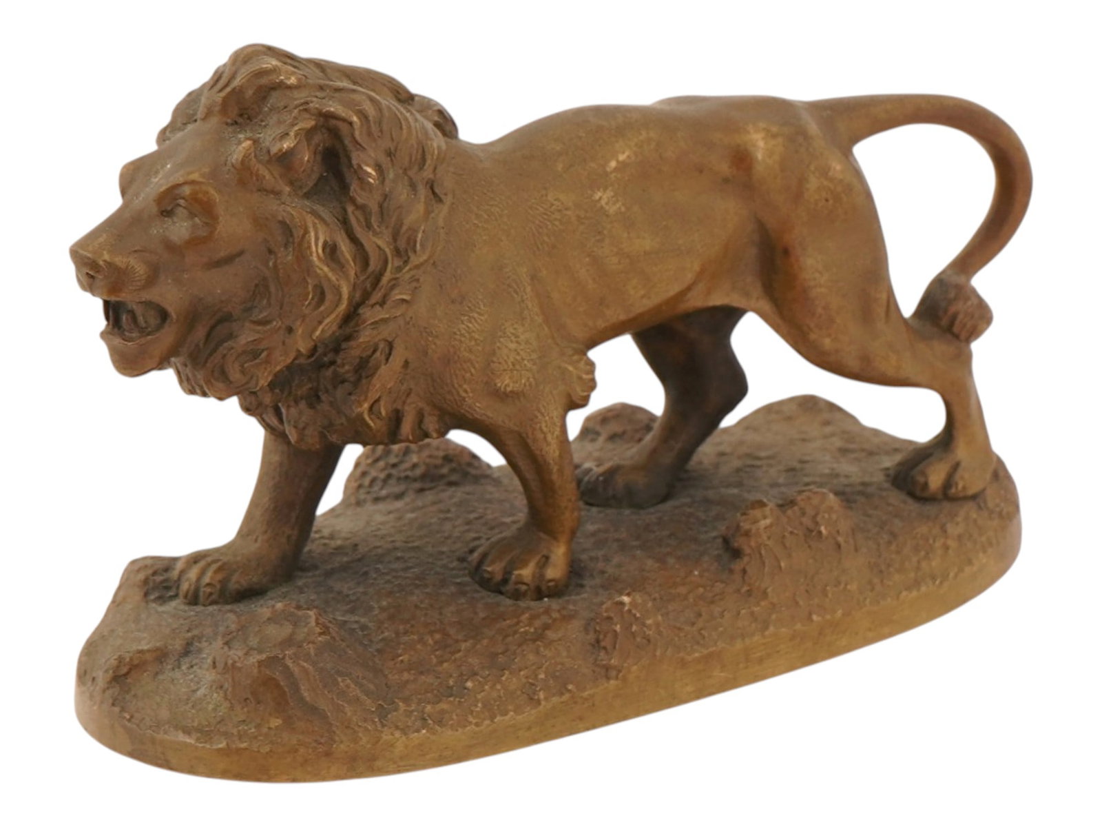 ANTIQUE FRENCH SCHOOL LION CAST BRONZE SCULPTURE: An antique cast bronze sculpture depicting a striding male lion in a dynamic, naturalistic pose with an open maw and a detailed, textured mane. Rendered in the tradition of the 19th century French Ani