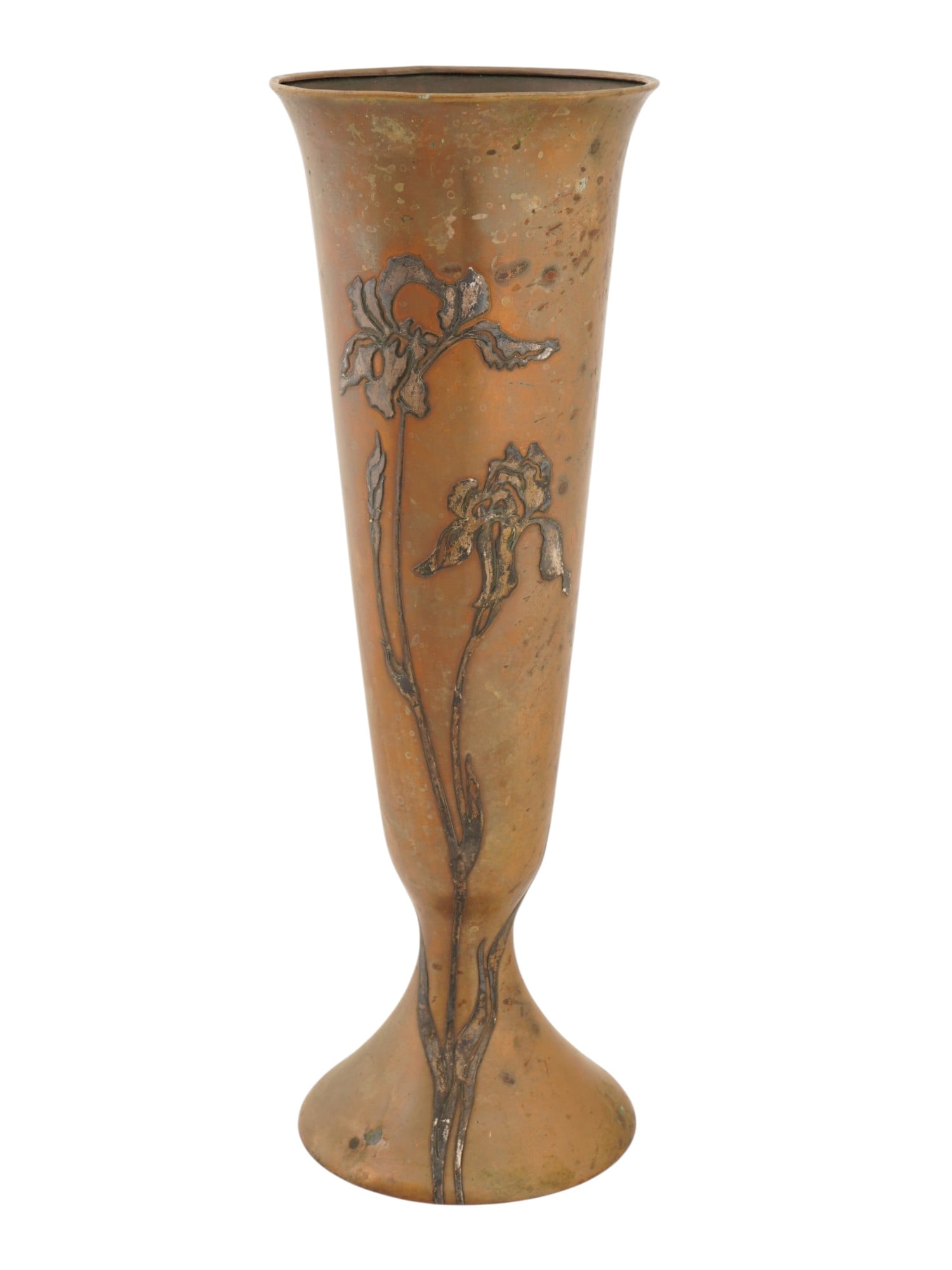 ANTIQUE AMERICAN HEINTZ ART METAL SHOP SILVER BRONZE VASE: An antique American Arts and Crafts mixed-metal trumpet vase by the Heintz Art Metal Shop. The bronze body is decorated with a sterling silver overlay of blooming iris flowers, showcasing the firms pa