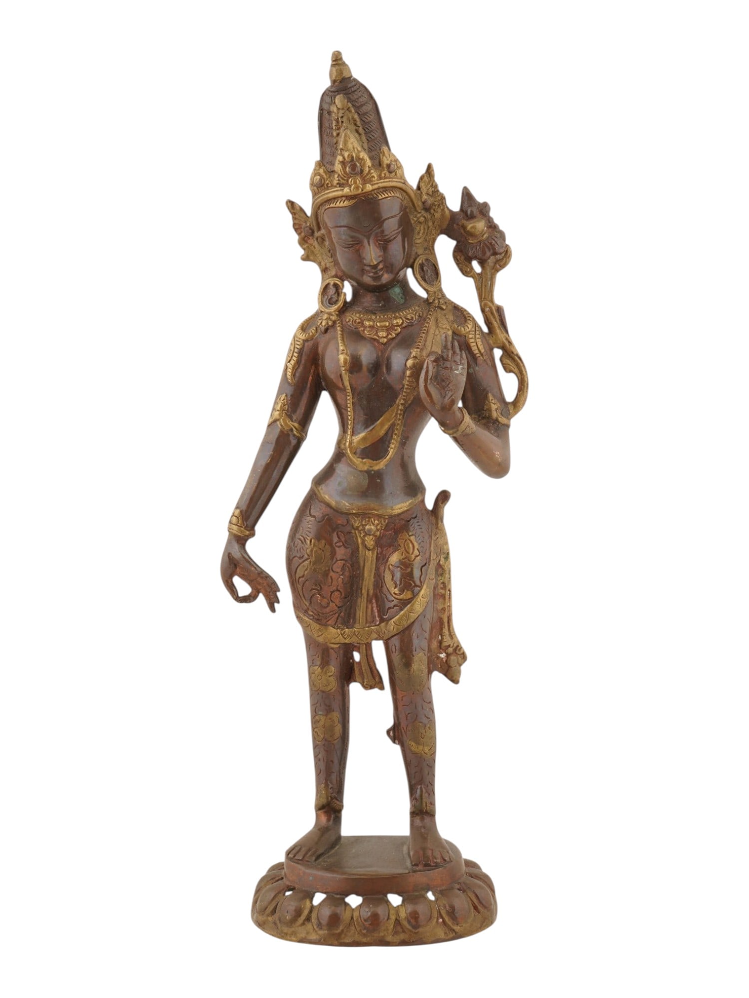 VINTAGE TIBETAN BRONZE STATUE OF PADMAPANI ON PEDESTAL: A vintage Tibetan bronze statue depicting Padmapani, shown standing in a graceful tribhanga pose on a lotus pedestal. The figure holds a lotus stem and is richly adorned with a crown, jewelry, and flo