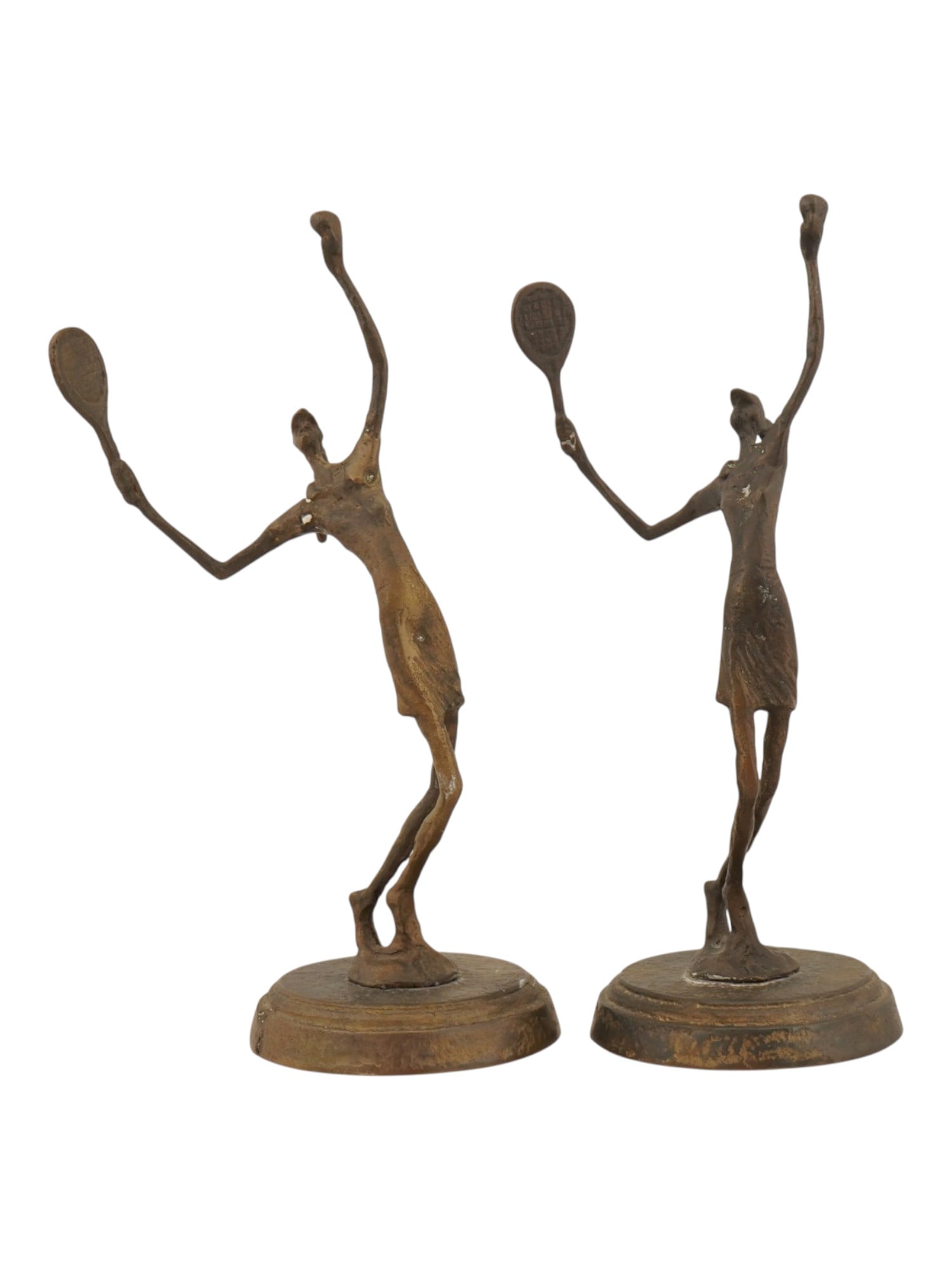 VINTAGE MODERNIST BRONZE SCULPTURES OF TENNIS PLAYERS: A pair of vintage modernist bronze sculptures depicting stylized tennis players in dynamic poses. The elongated figures display ribbon-like forms and a dark bronze-tone patina, each mounted on a match