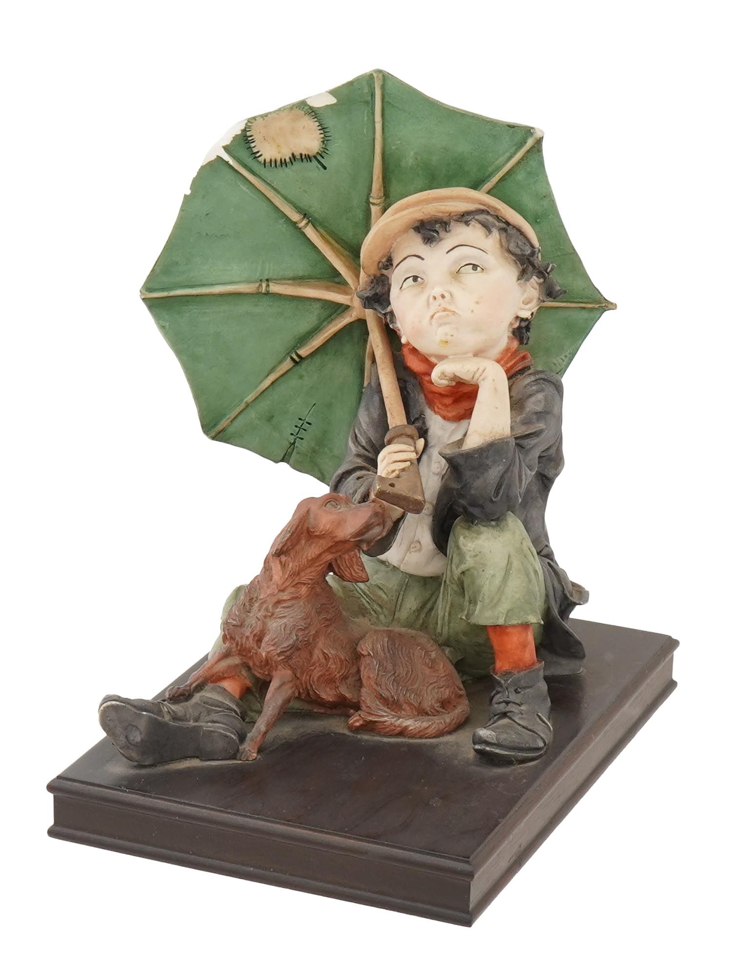 CAPODIMONTE STYLE CERAMIC BOY FIGURINE SIGNED: A vintage hand-painted ceramic figurine. Ca. 1980s. In the style of Capodimonte, an Italian porcelain manufacture based in Naples. The piece represents a beggar boy and dog under an umbrella. Signed