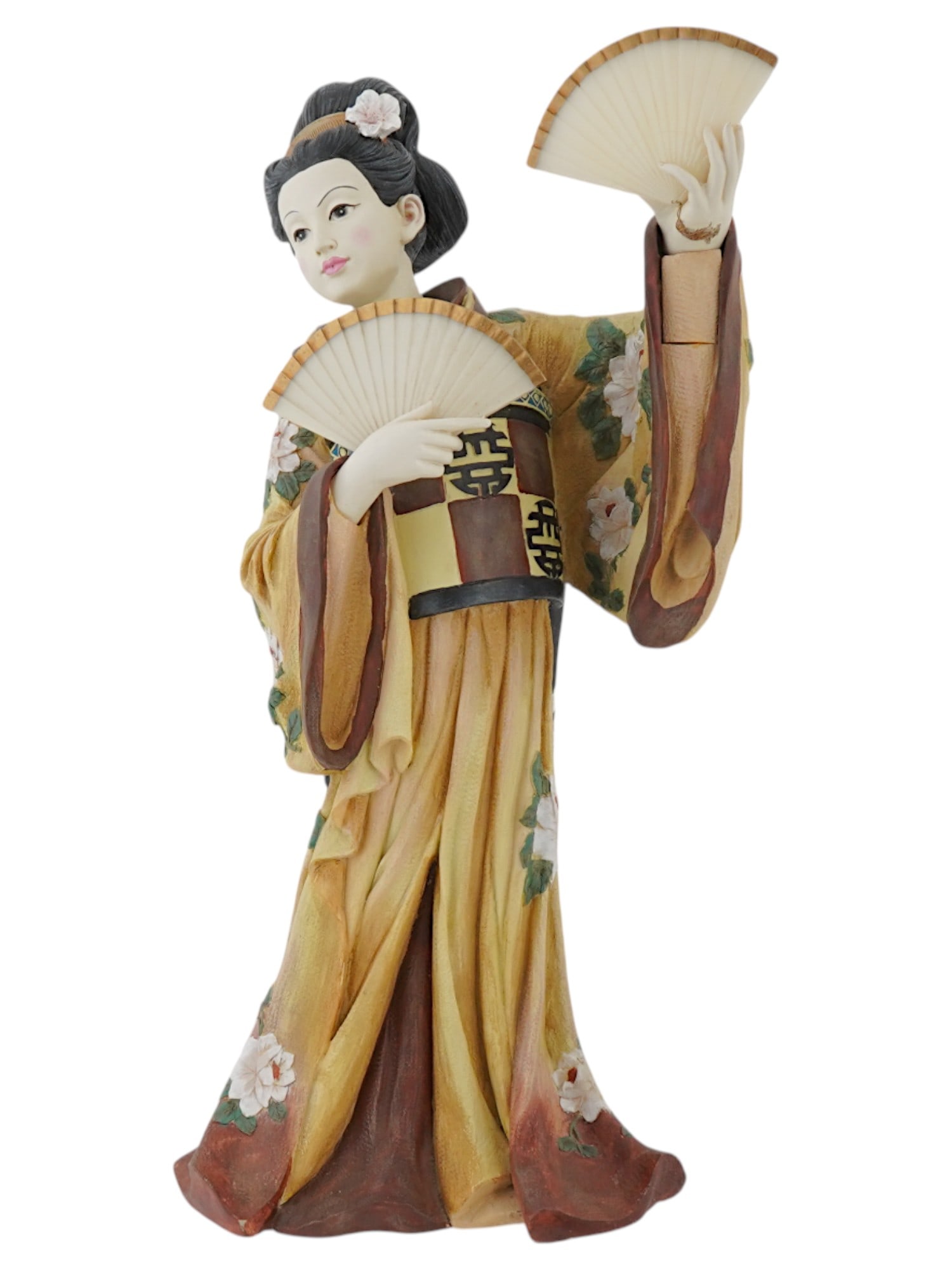 ELECTRICAL COMPOSITE GEISHA TOY FIGURINE: An electrical composite Geisha figurine. The figurine is of a Geisha standing and holding two fans, one in each hand. She is dressed in an elaborate yellow and brown kimono, adorned with white floral