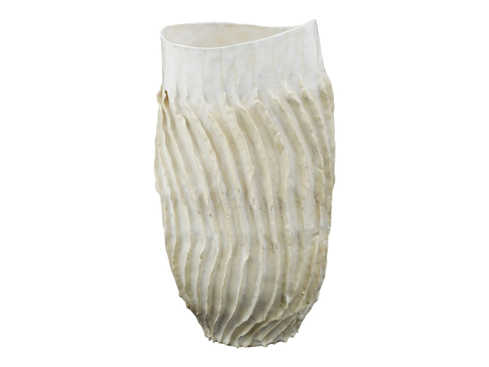 VINTAGE ENGLISH RIBBED ORGANIC WHITE CERAMIC VASE: A vintage English ribbed organic white ceramic vase with a wavy, asymmetrical rim and pleated, textured body. Vertical ridges create shadow and depth. Matte white glaze at the neck fades into a roughe